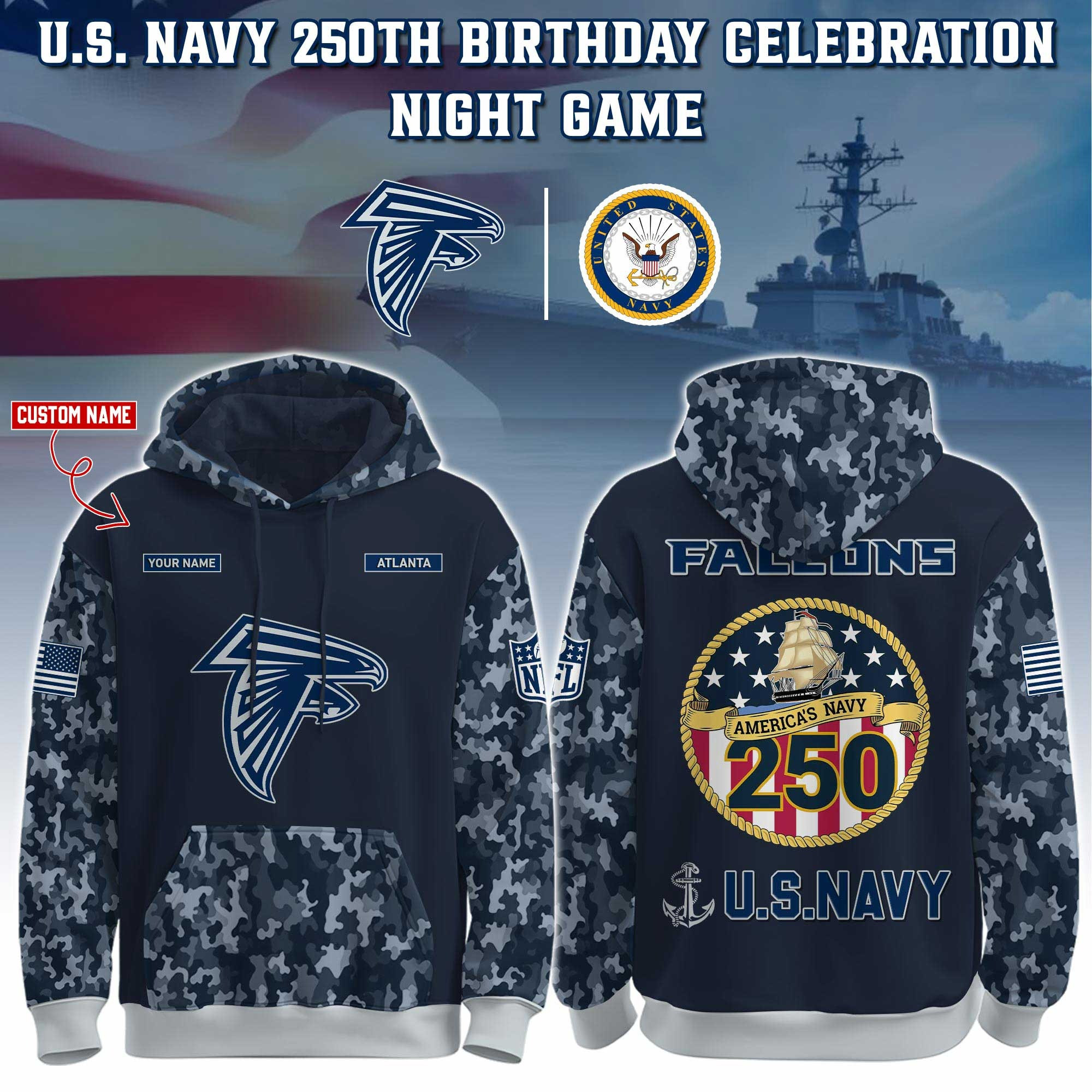 Custom Atlanta Falcons x U.S. Navy 250Th Anniversary Camo Hoodie USN Navy Gifts For Him-1