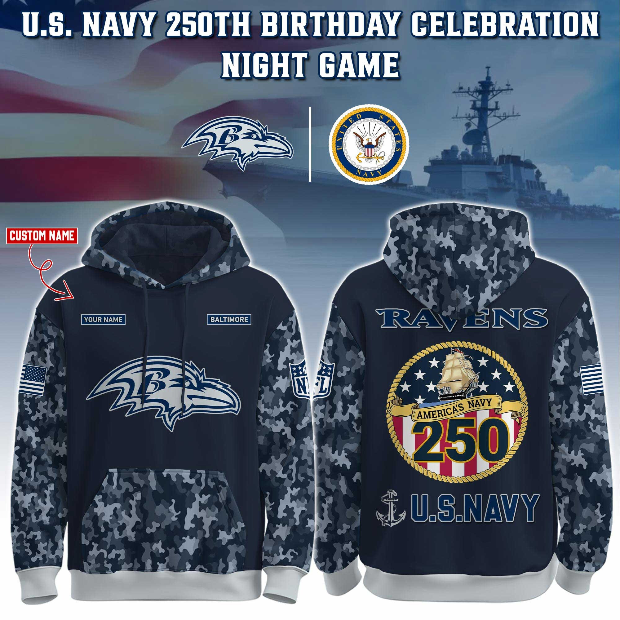 Custom Baltimore Ravens x U.S. Navy 250Th Anniversary Camo Hoodie USN Navy Gifts For Him-1