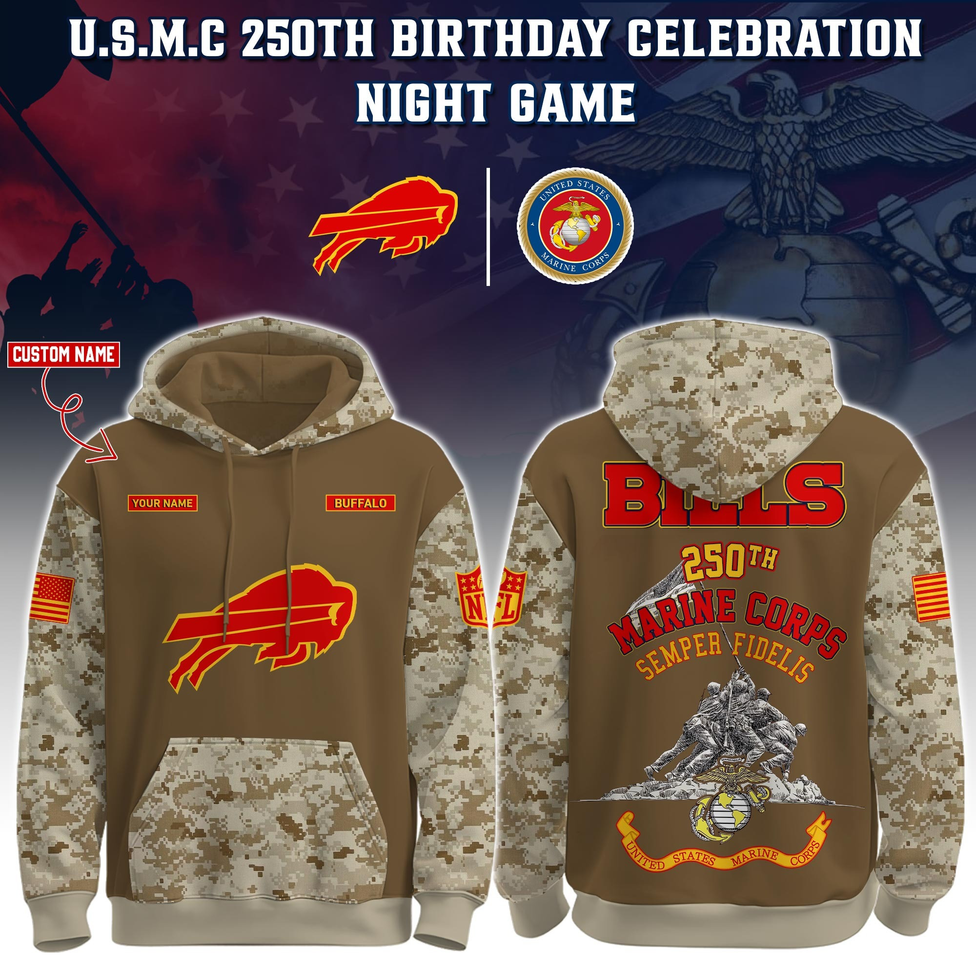 Custom Buffalo Bills USMC 250Th Anniversary Camo Hoodie Marine Corps Veteran Bills Fan Merch-1
