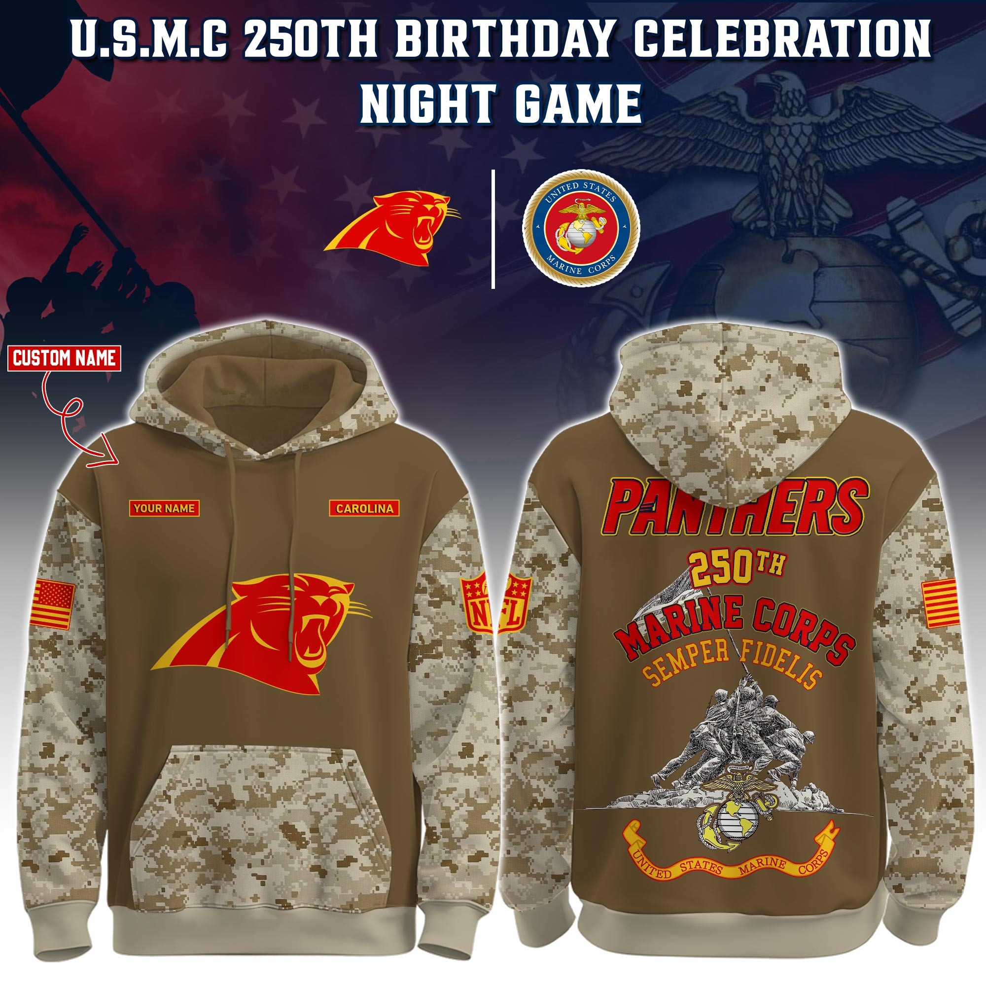 Custom Carolina Panthers USMC 250Th Anniversary Camo Hoodie Marine Corps Veteran Fan Merch-1 Custom Carolina Panthers USMC 250Th Anniversary Camo Hoodie Marine Corps Veteran Fan Merch-1