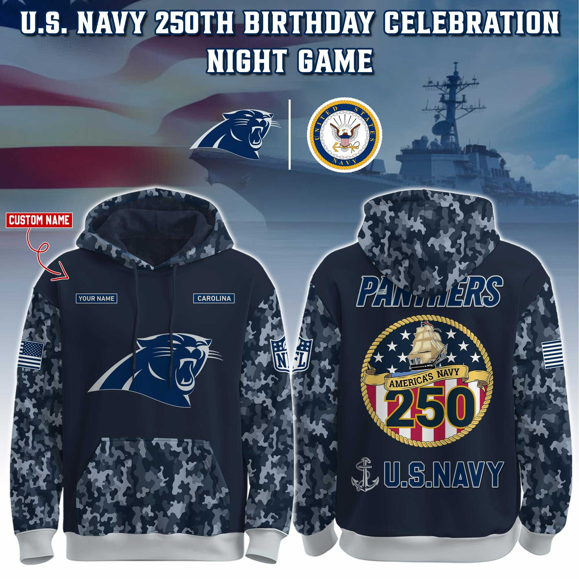 Custom Carolina Panthers x U.S. Navy 250Th Anniversary Camo Hoodie USN Navy Gifts Military-1