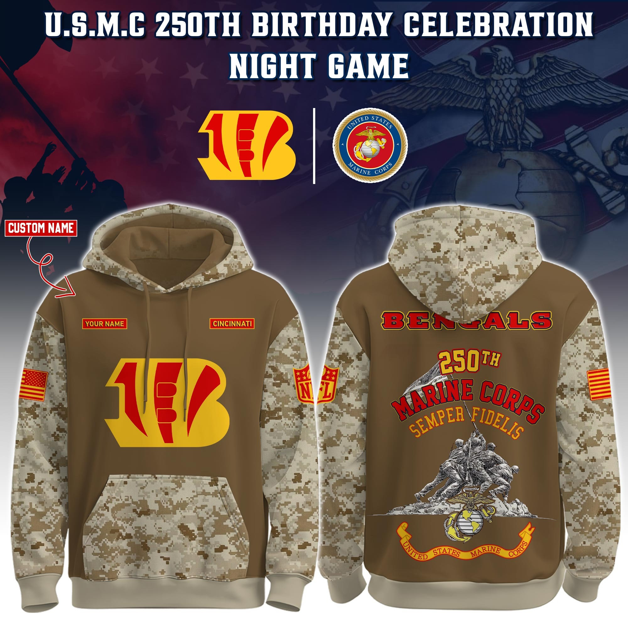 Custom Cincinnati Bengals USMC 250Th Anniversary Camo Hoodie Marine Corps Veterans NFL Merch-1