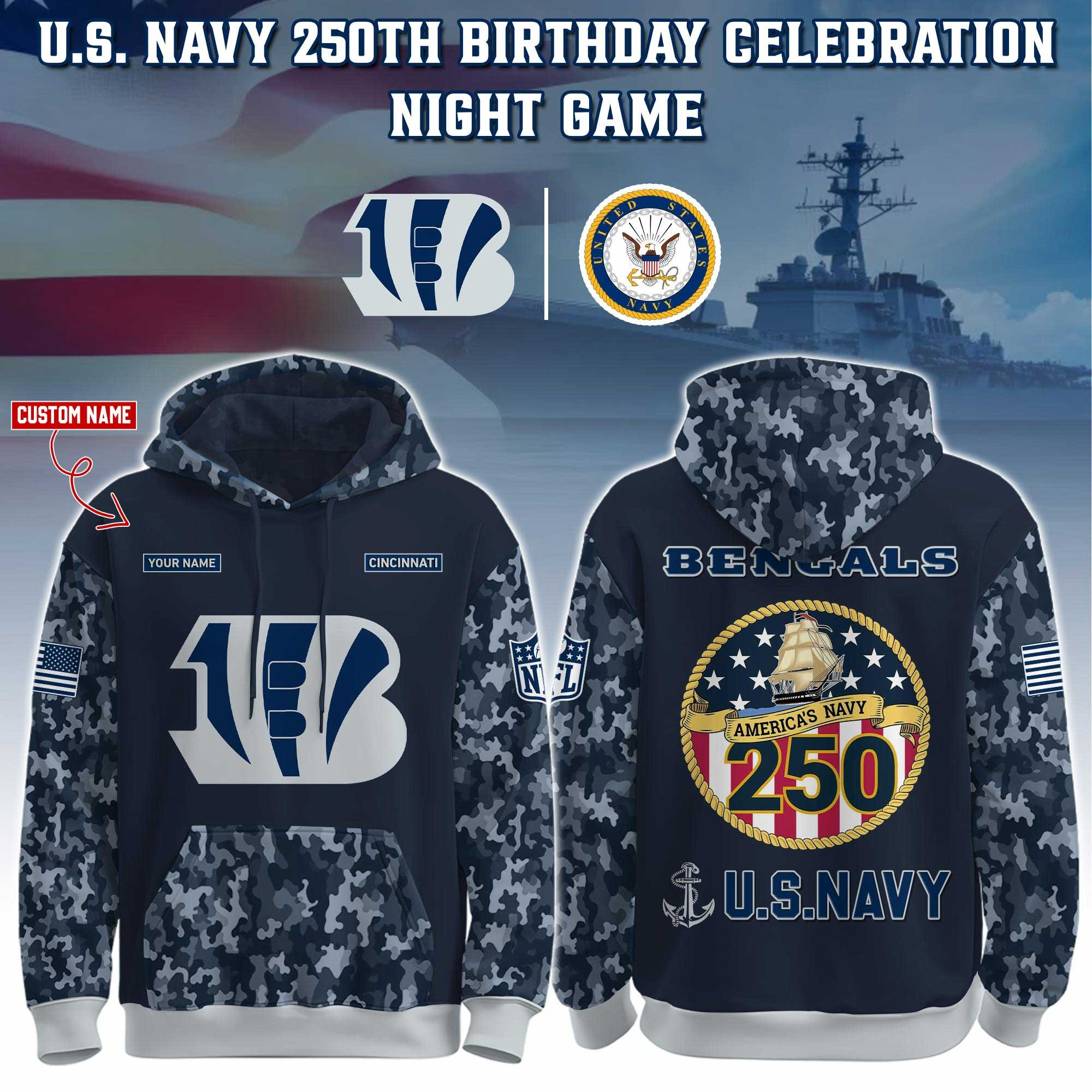 Custom Cincinnati Bengals x U.S. Navy 250Th Anniversary Camo Hoodie USN Navy Gifts Military-1