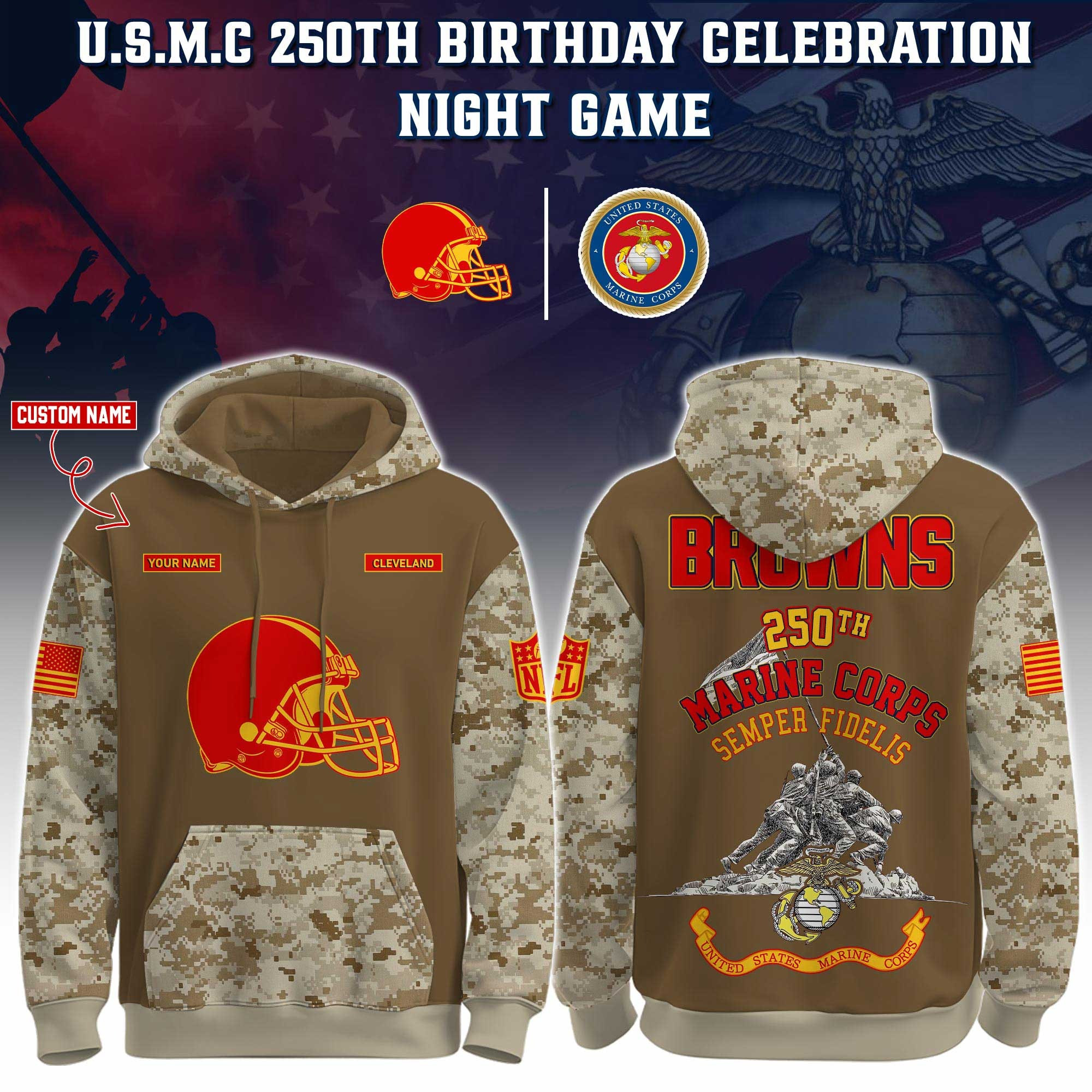 Custom Cleveland Browns USMC 250Th Anniversary Camo Hoodie Marine Corps Veterans NFL Merch-1