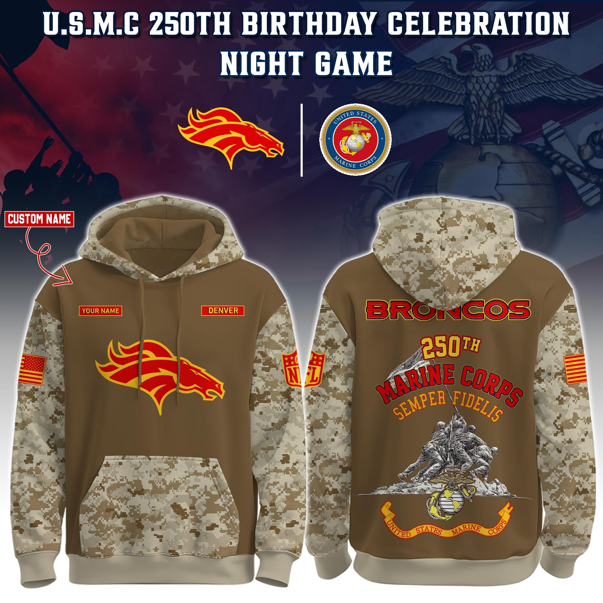 Custom Denver Broncos USMC 250Th Anniversary Camo Hoodie Marine Corps Veterans Football Gift-1