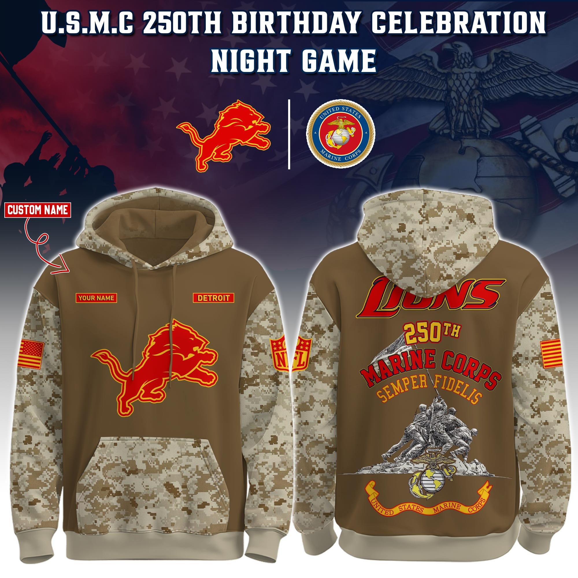 Custom Detroit Lions USMC 250Th Anniversary Camo Hoodie Marine Corps Veterans Football Gifts-1