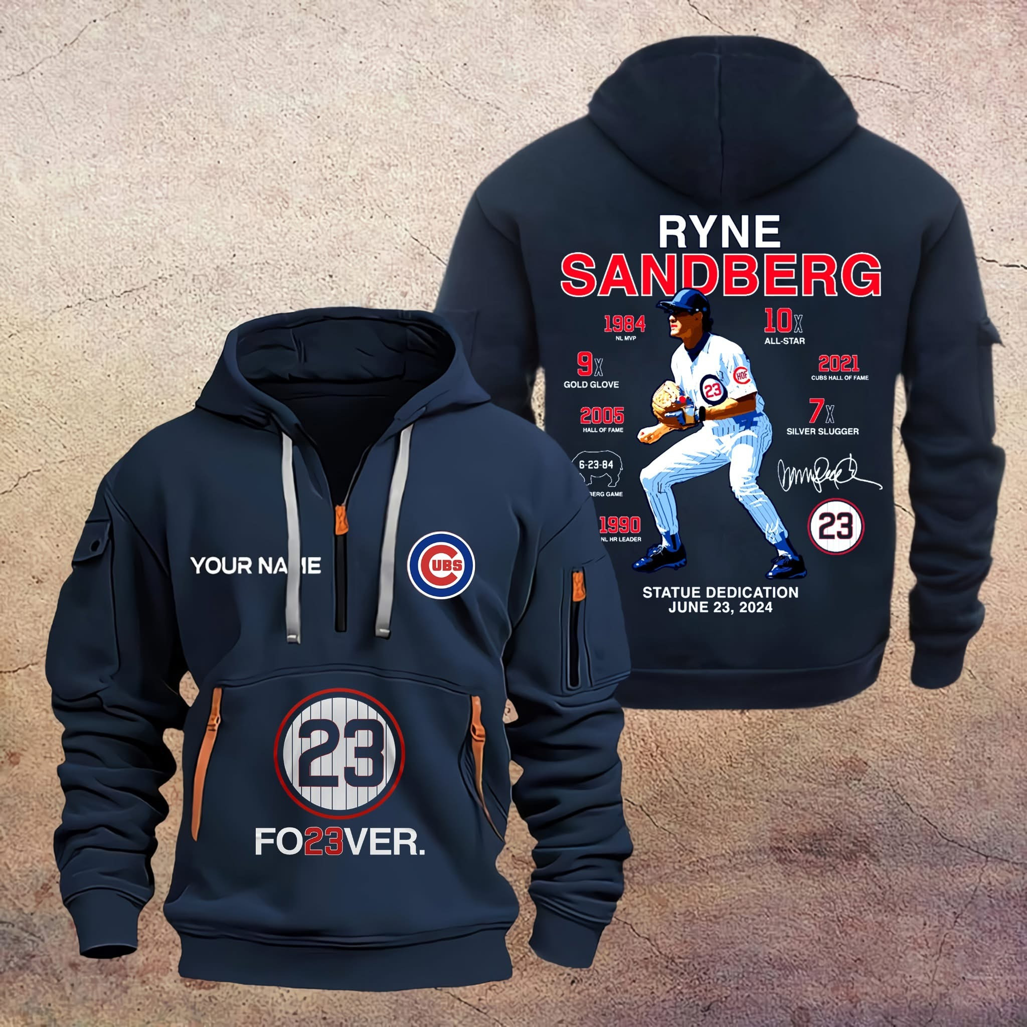 Custom Fo23ver Ryne Sandberg Tribute Quarter Zip Hoodie Chicago Cubs Forever 23 Fan Merch-1