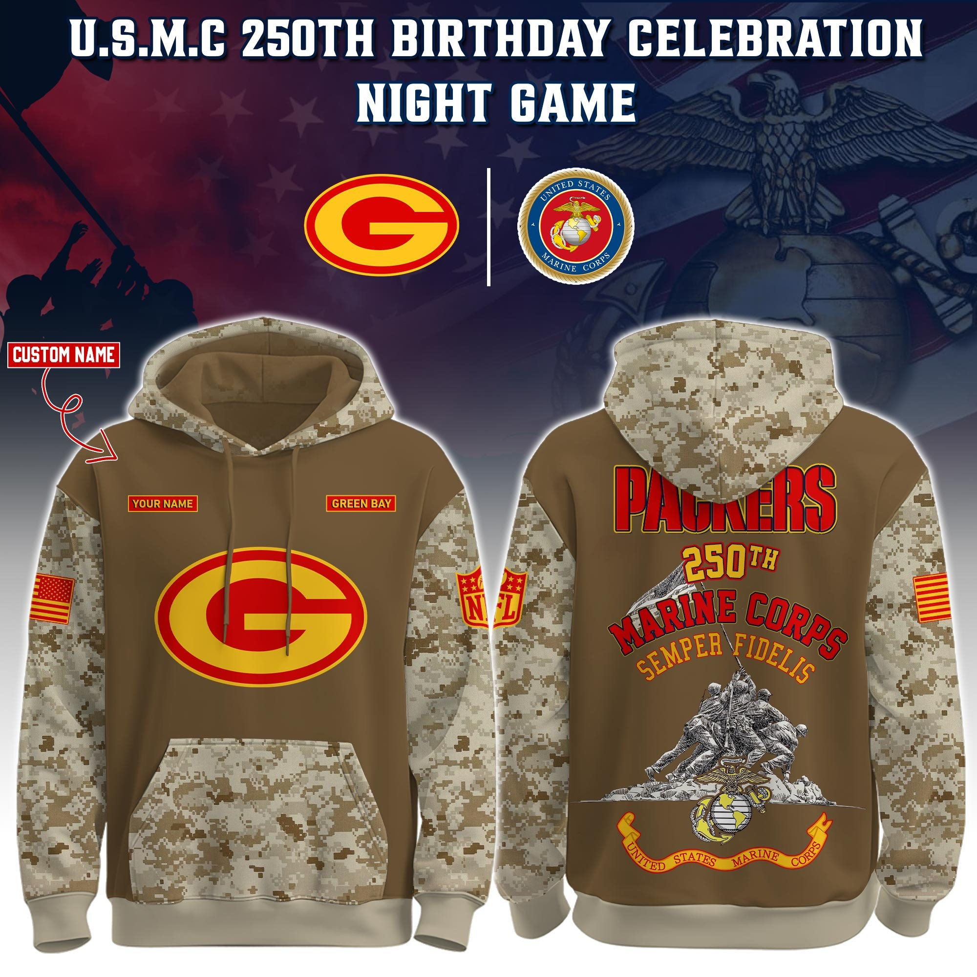 Custom Green Bay Packers USMC 250Th Anniversary Camo Hoodie Marine Corps Football Fan Merch-1