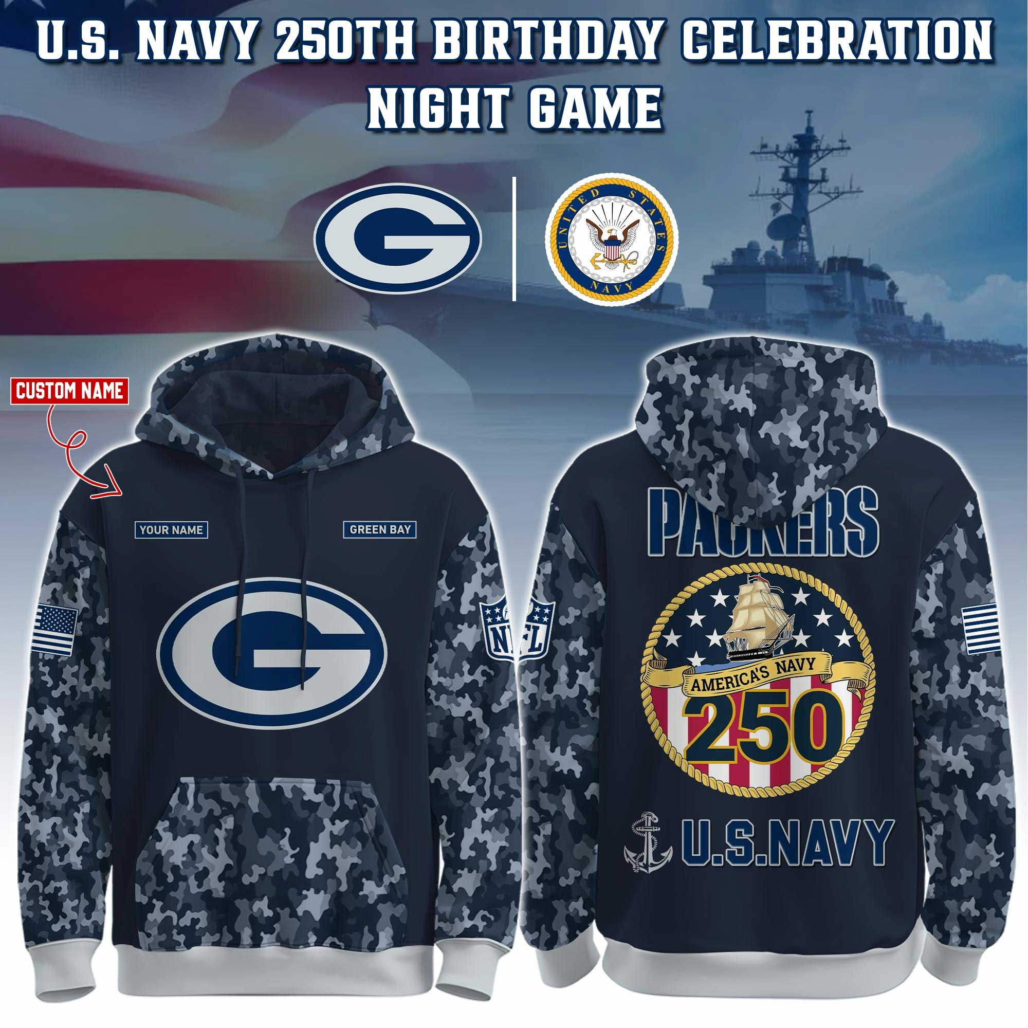 Custom Green Bay Packers x U.S Navy 250Th Anniversary Camo Hoodie Best USN Merch Navy Gifts-1