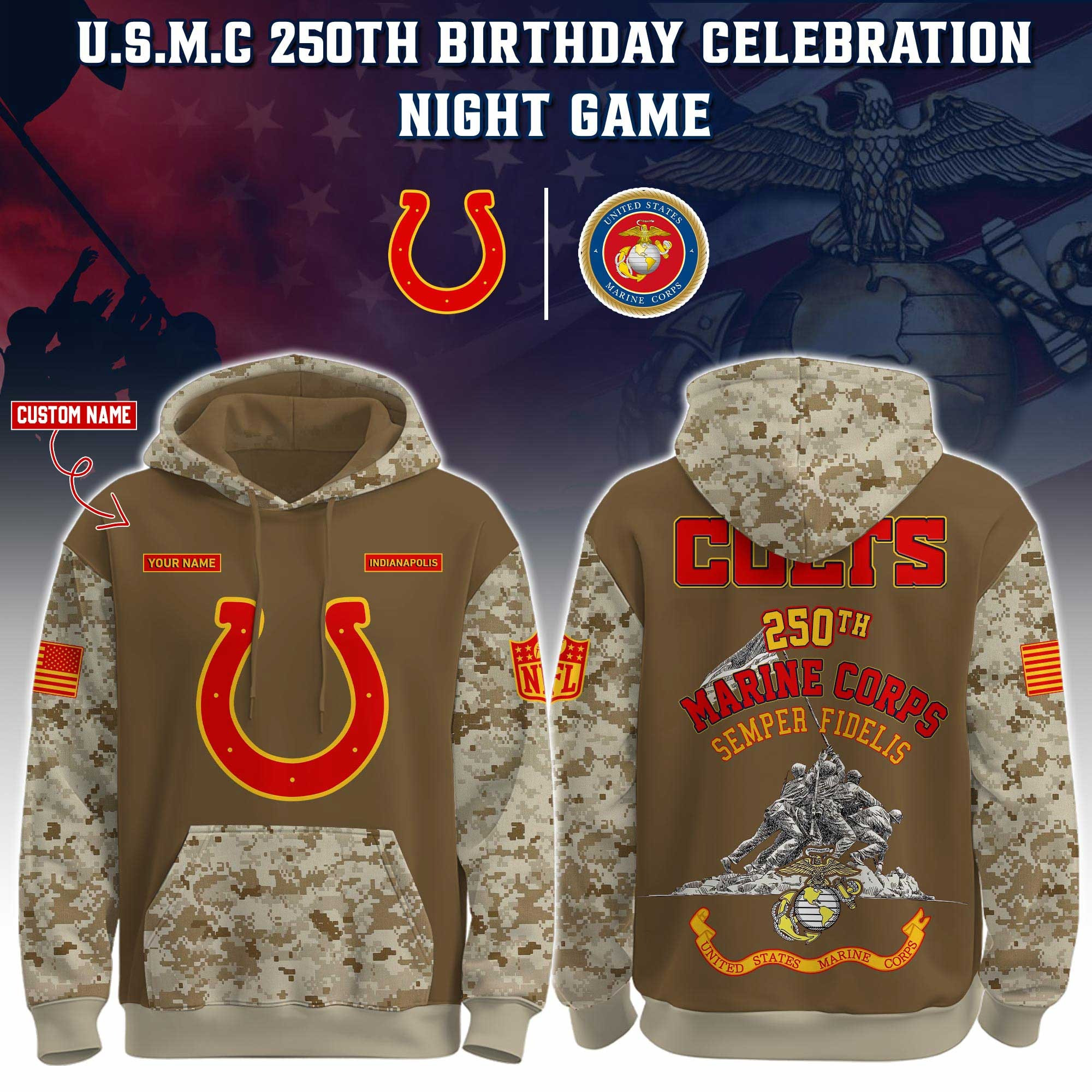 Custom Indianapolis Colts USMC 250Th Anniversary Camo Hoodie Marine Corps Veteran Fan Gifts-1