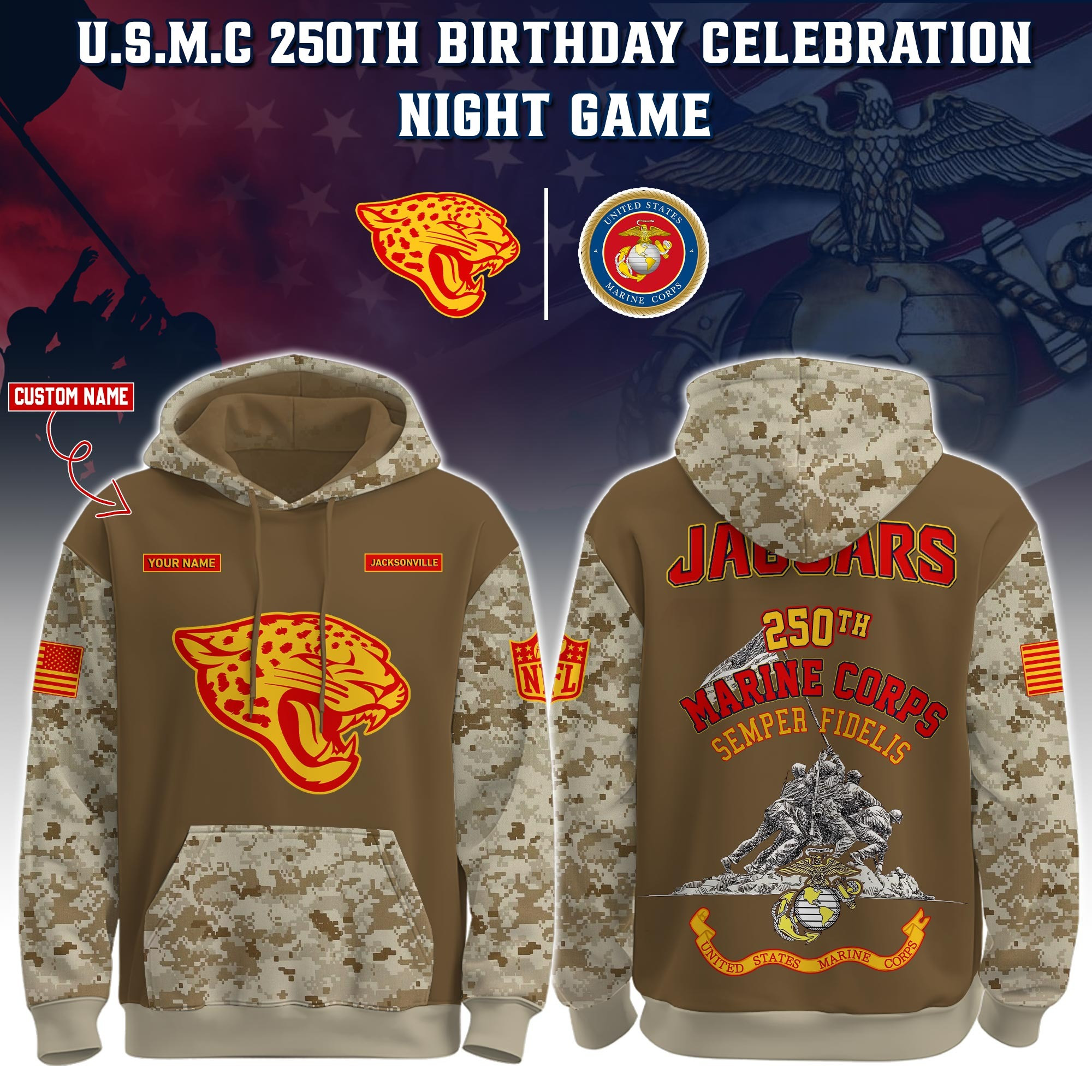 Custom Jacksonville Jaguars USMC 250Th Anniversary Camo Hoodie Marine Corps Veteran Gifts-1