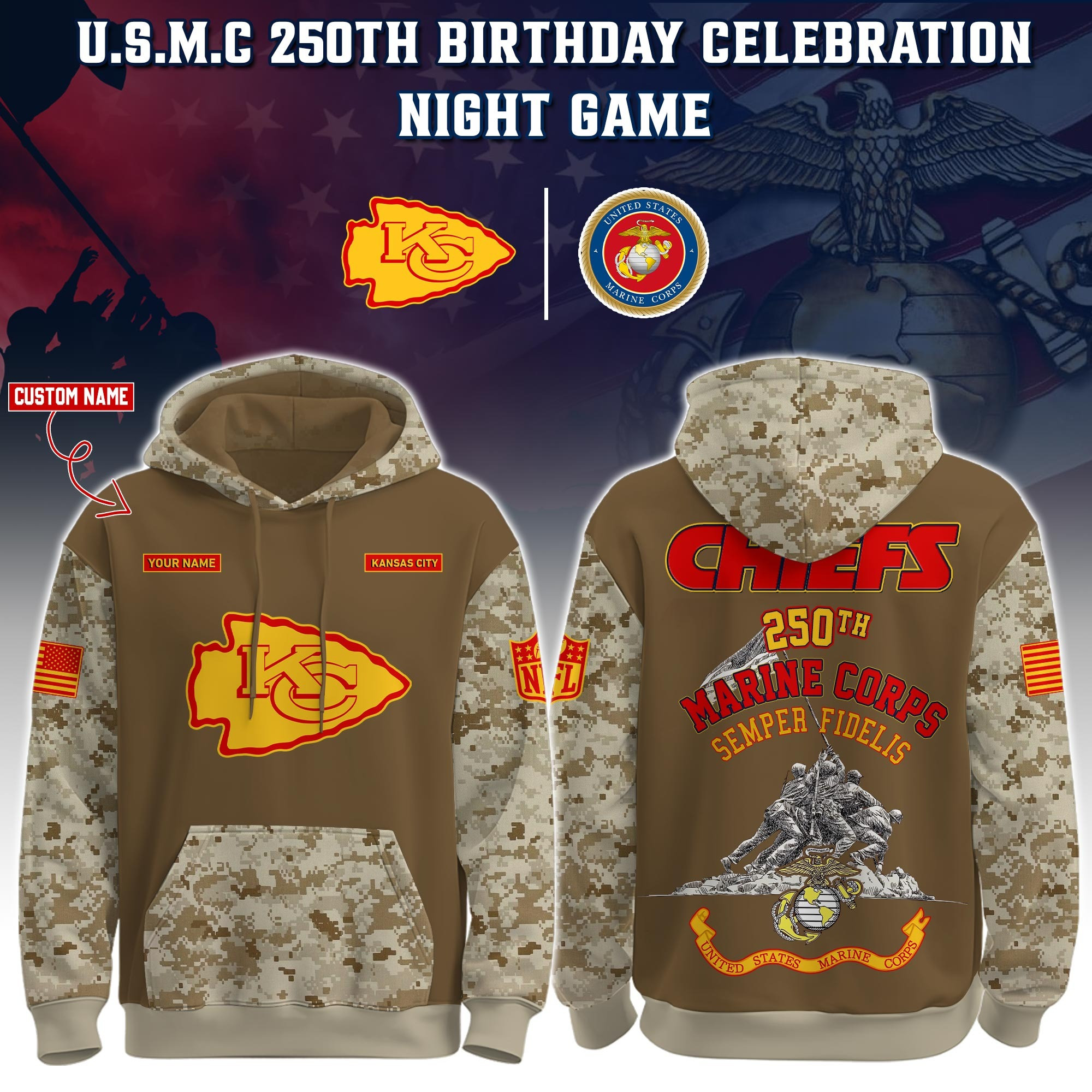 Custom Kansas City Chiefs USMC 250Th Anniversary Camo Hoodie Marine Corps Veteran Gifts-1
