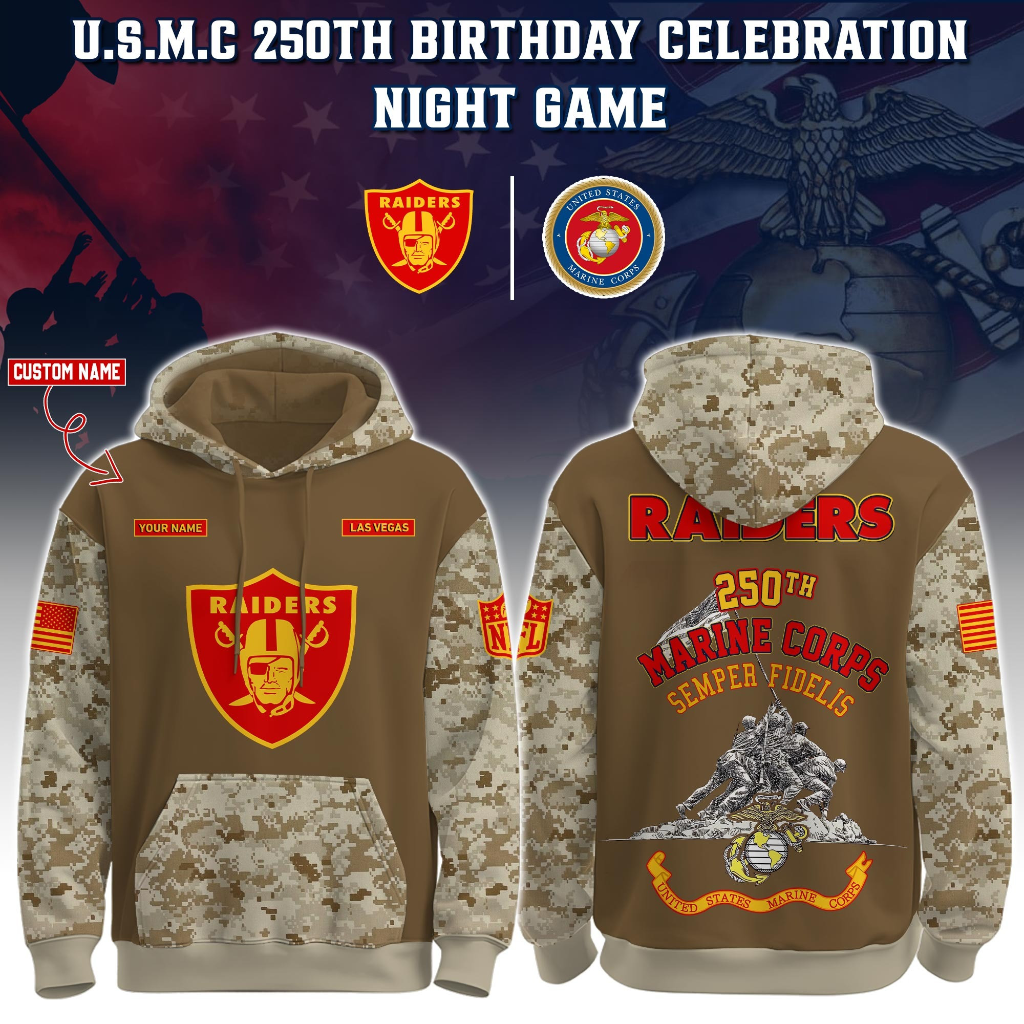 Custom Las Vegas Raiders USMC 250Th Anniversary Camo Hoodie Marine Corps Football Fan Merch-1