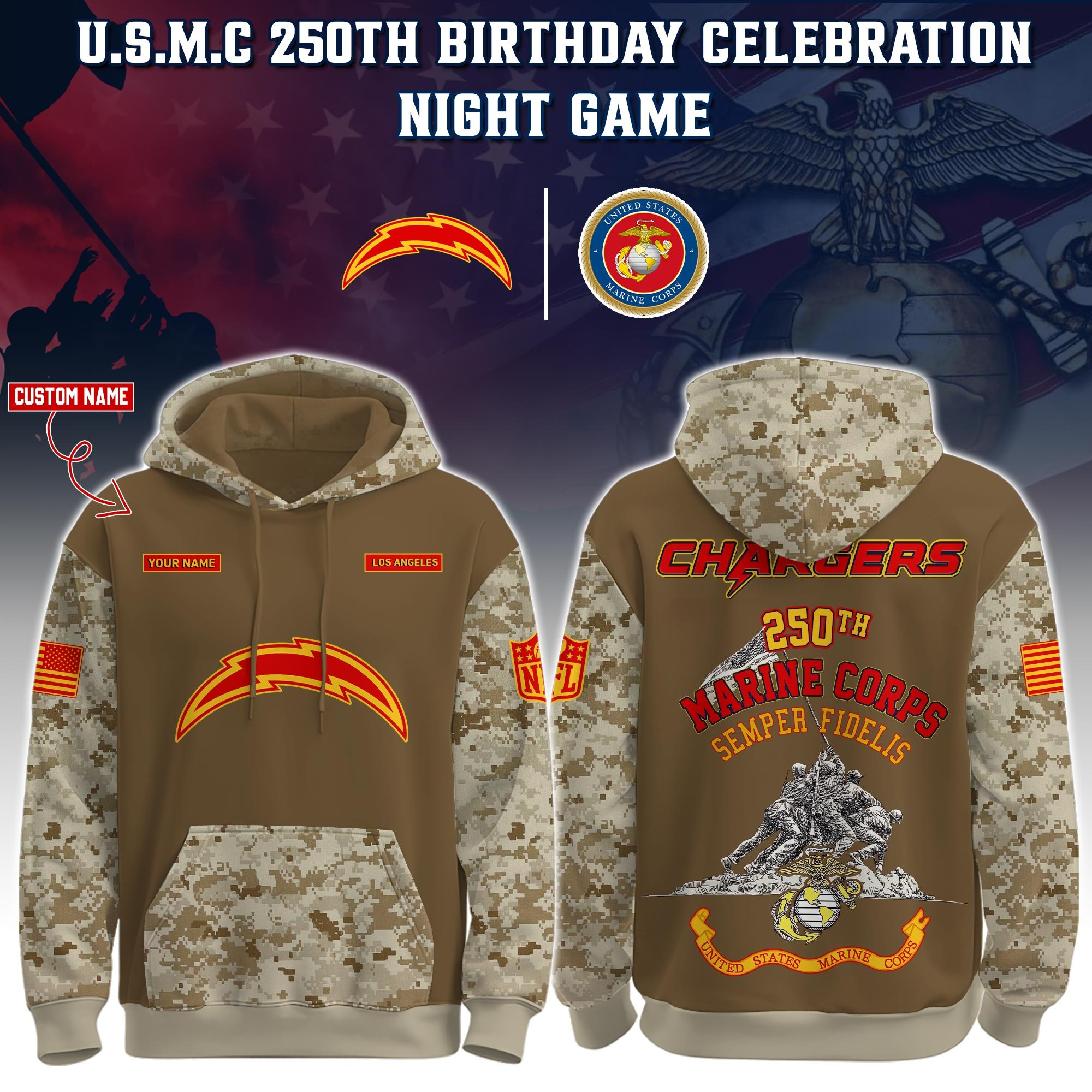 Custom Los Angeles Chargers USMC 250Th Anniversary Camo Hoodie Marine Corps Veteran Gifts-1