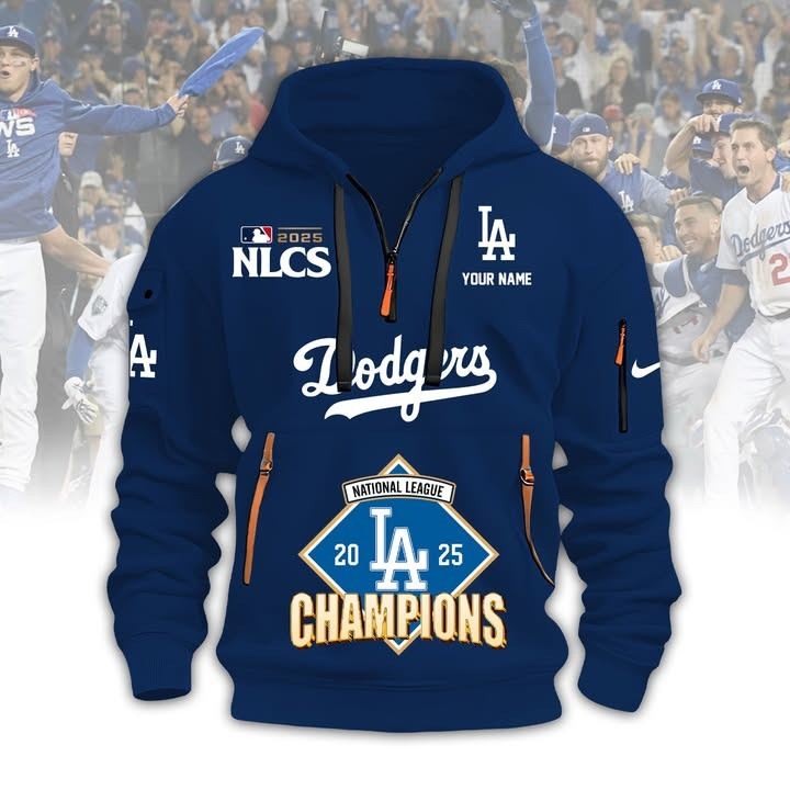 Custom Los Angeles Dodgers NL Champions Quarter Zip Hoodie Dodgers Merch Gifts For Fans-1