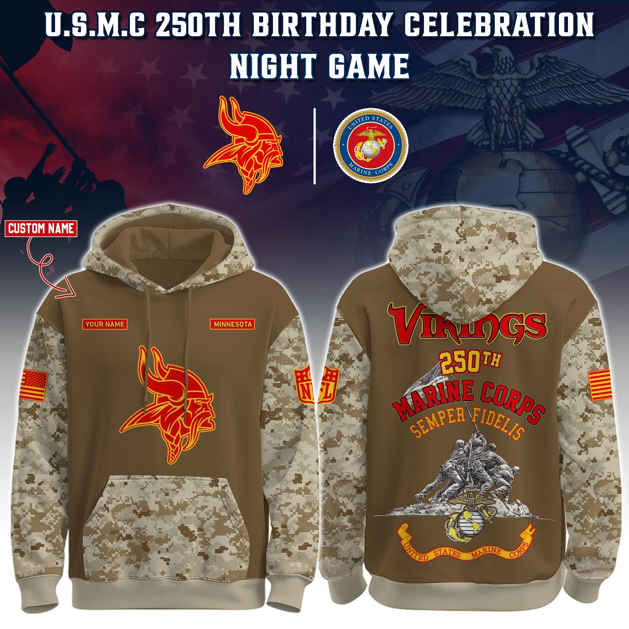 Custom Minnesota Vikings USMC 250Th Anniversary Camo Hoodie Football Marine Corps Merch-1 Custom Minnesota Vikings USMC 250Th Anniversary Camo Hoodie Football Marine Corps Merch-1