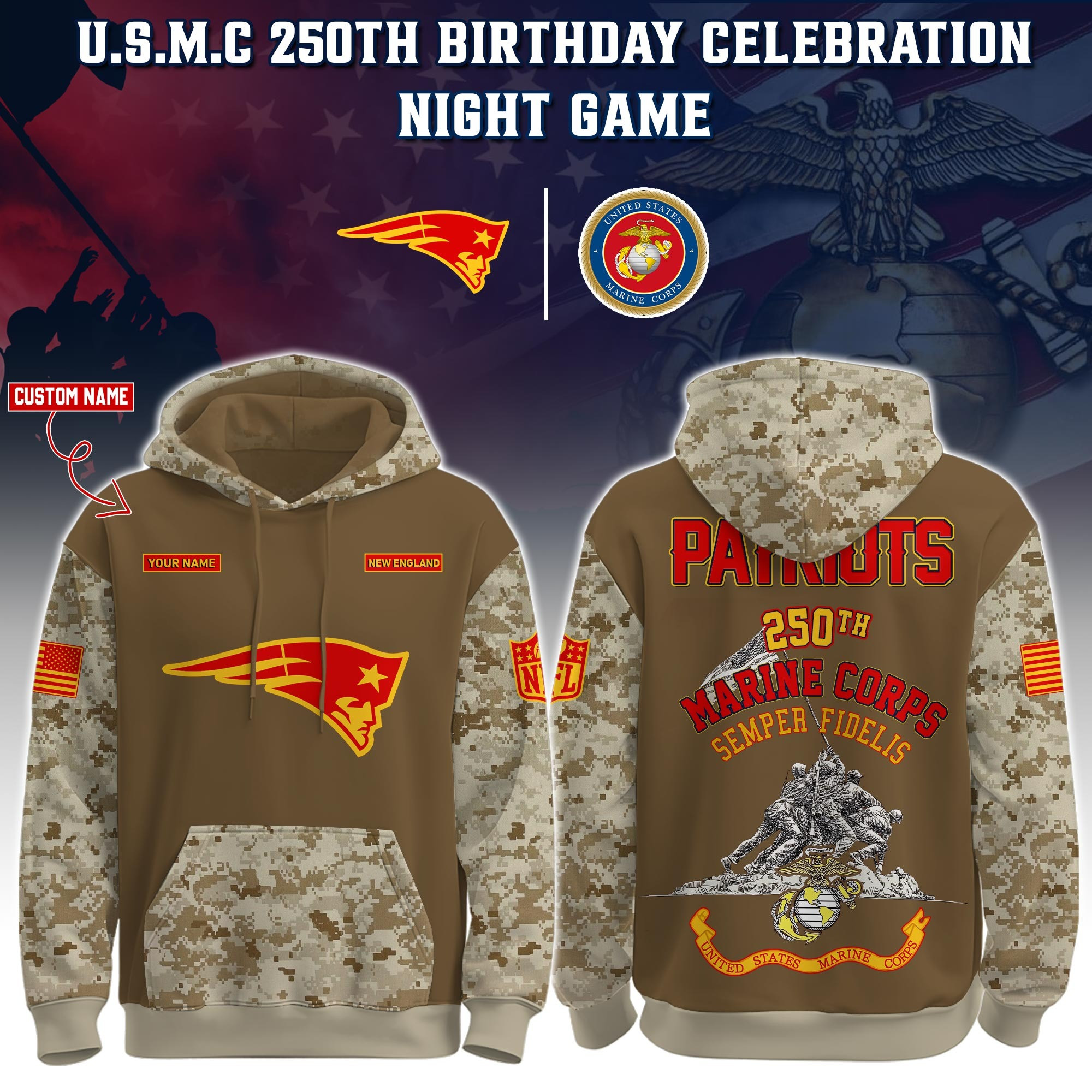 Custom New England Patriots USMC 250Th Anniversary Camo Hoodie Football Marine Corps Merch-1