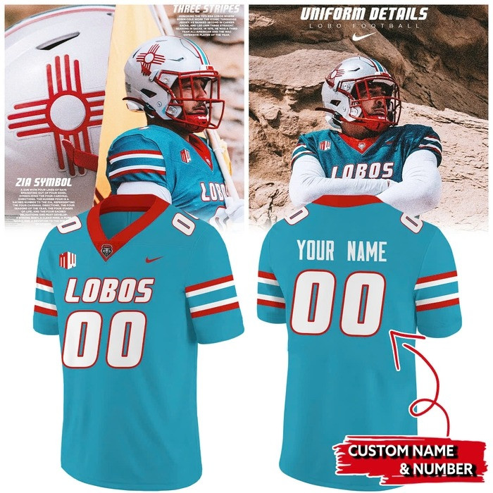 Custom New Mexico Lobos Football Turquoise Uniform Jersey Fan Merch Gifts For Him-1 Custom New Mexico Lobos Football Turquoise Uniform Jersey Fan Merch Gifts For Him-1