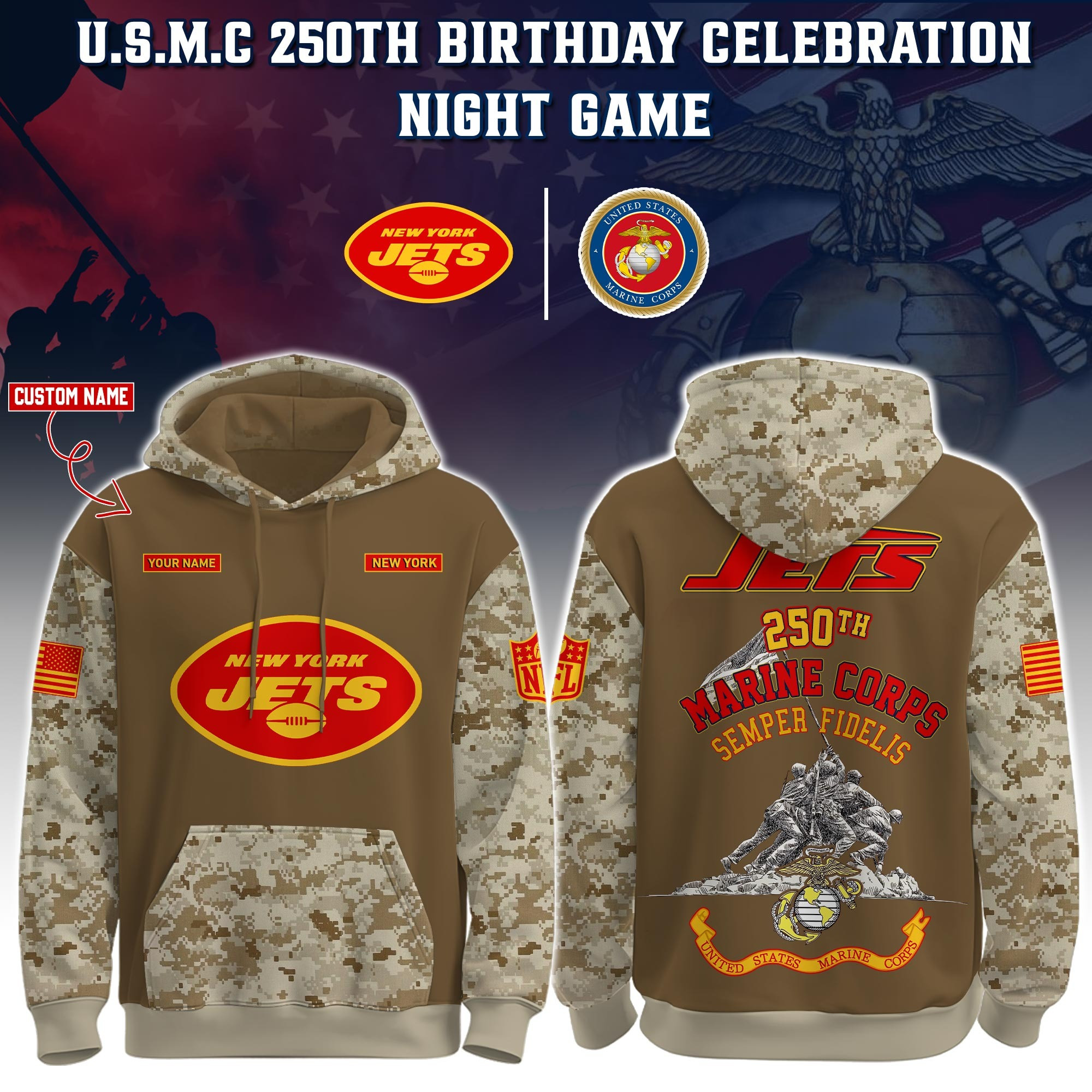 Custom New York Jets USMC 250Th Anniversary Camo Hoodie NFL Marine Corps Veteran Merch-1