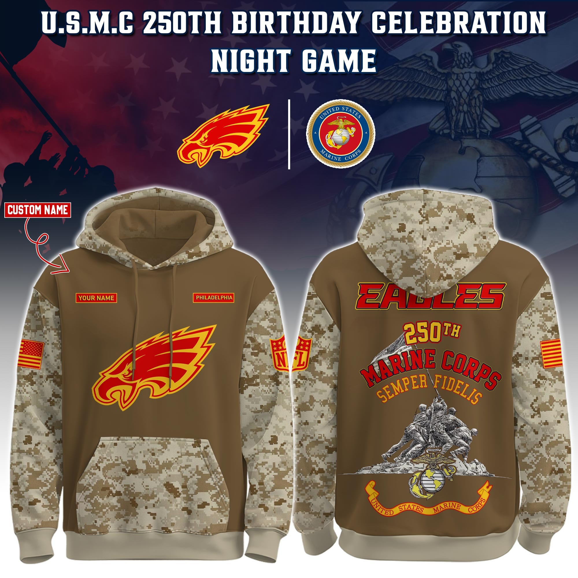 Custom Philadelphia Eagles USMC 250Th Anniversary Camo Hoodie NFL Marine Corps Veteran Merch-1