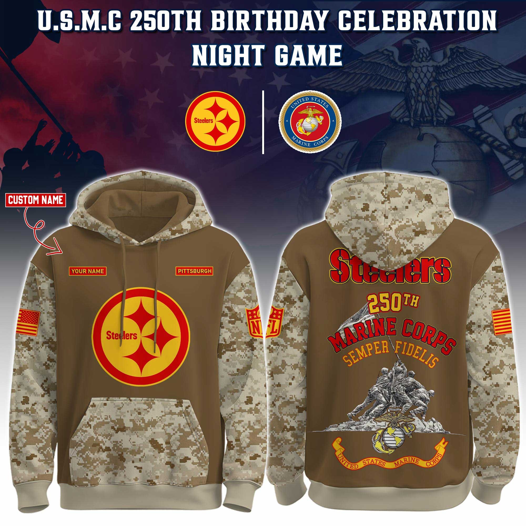 Custom Pittsburgh Steelers USMC 250Th Anniversary Camo Hoodie NFL Marine Corps Veteran Merch-1 Custom Pittsburgh Steelers USMC 250Th Anniversary Camo Hoodie NFL Marine Corps Veteran Merch-1
