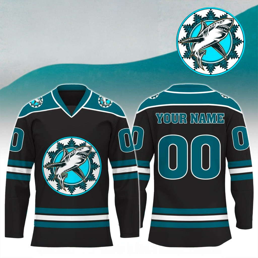 Custom San Jose Sharks x Sarah Tang Native American Heritage Collaboration Jersey Sharks Merch-1