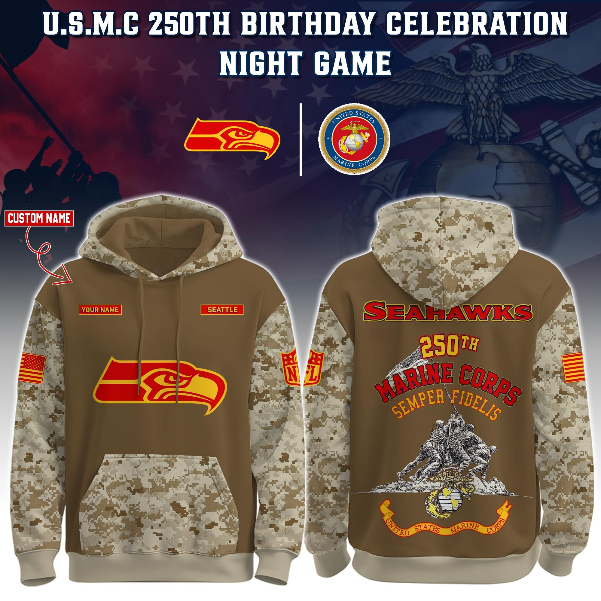Custom Seattle Seahawks USMC 250Th Anniversary Camo Hoodie NFL Marine Corps Veteran Merch-1