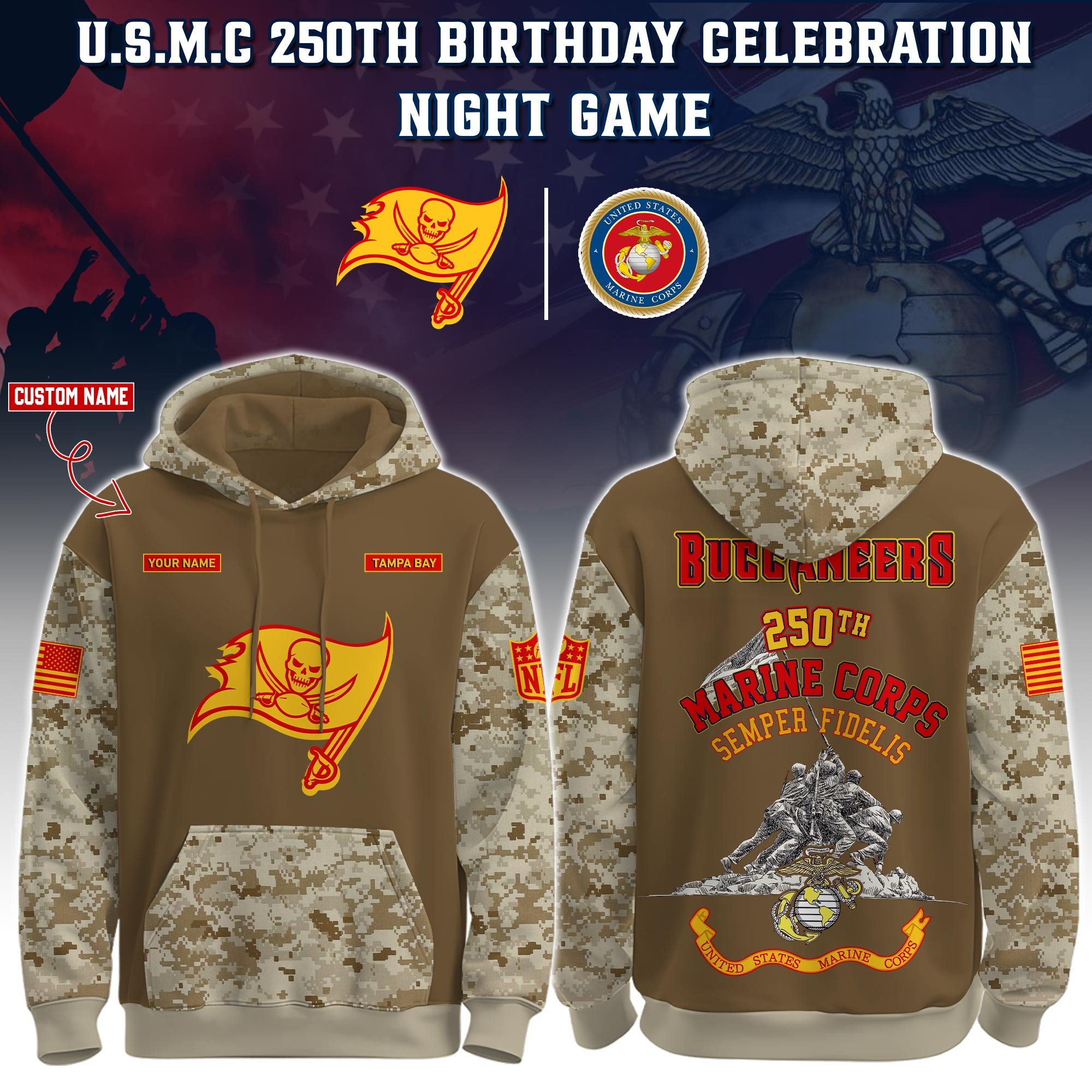 Custom Tampa Bay Buccaneers USMC 250Th Anniversary Camo Hoodie Marine Corps Veteran Gifts-1 Custom Tampa Bay Buccaneers USMC 250Th Anniversary Camo Hoodie Marine Corps Veteran Gifts-1