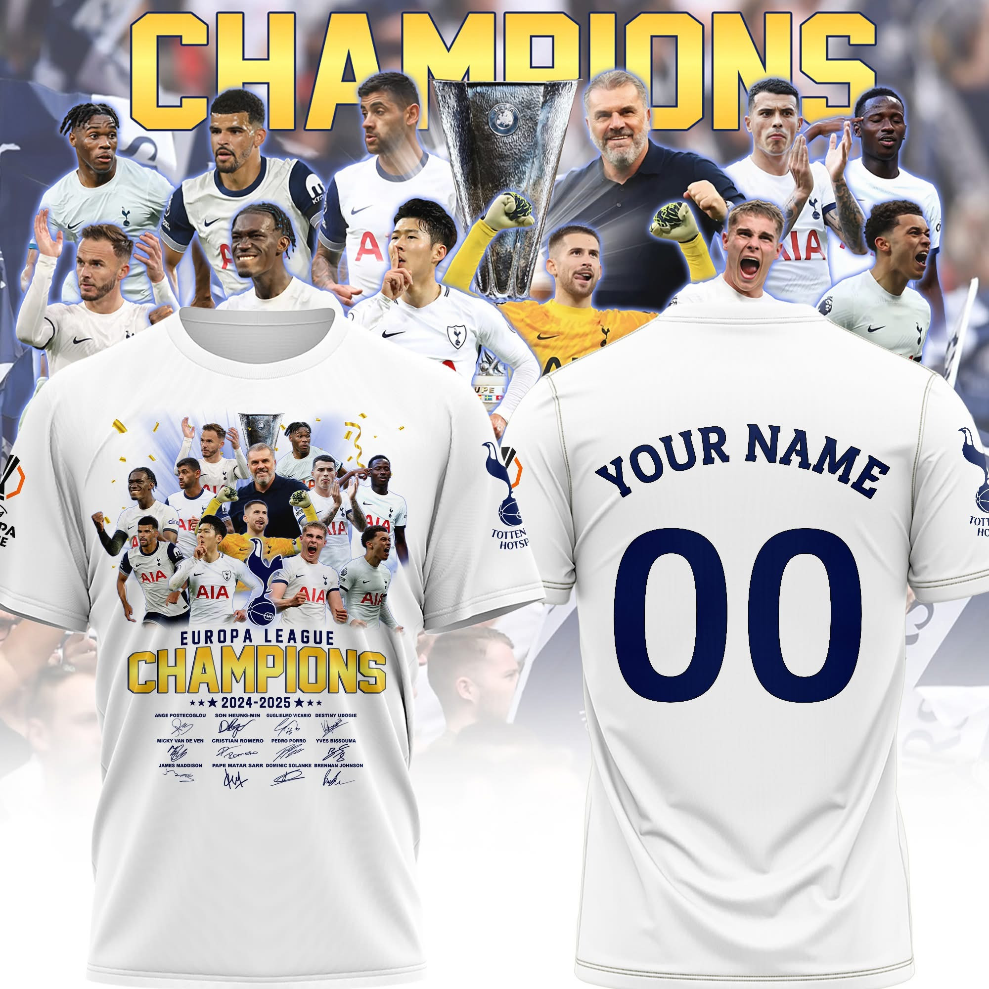 Custom Tottenham Hotspur UEFA Europa League Champions T-Shirt 2025 Fan Merch Clothing-1