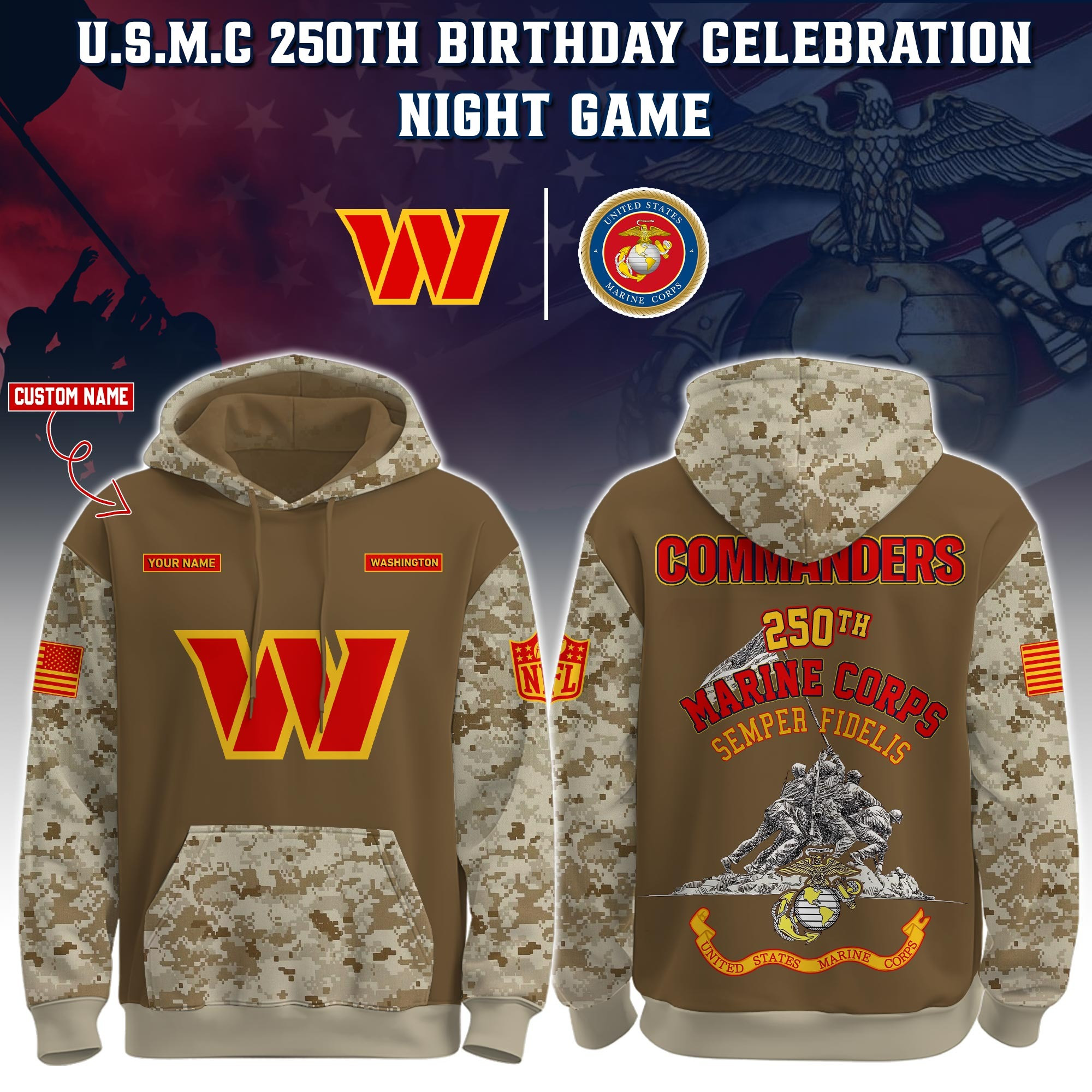 Custom Washington Commander USMC 250Th Anniversary Camo Hoodie Marine Corps Fan Merch-1