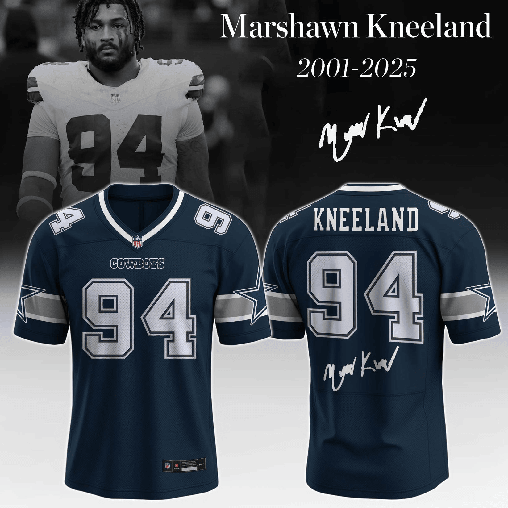 Dallas Cowboys X In Memory Of Marshawn Kneeland Jersey Kneeland 94 Signature Shirt Gift Ideas-1