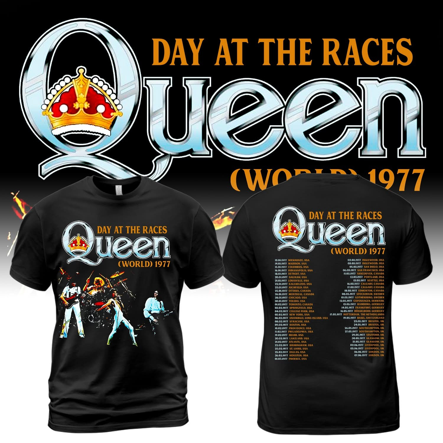 Day At The Races Queen World Tour 1977 Merch T-Shirt Queen Rock Band Merchandise-1