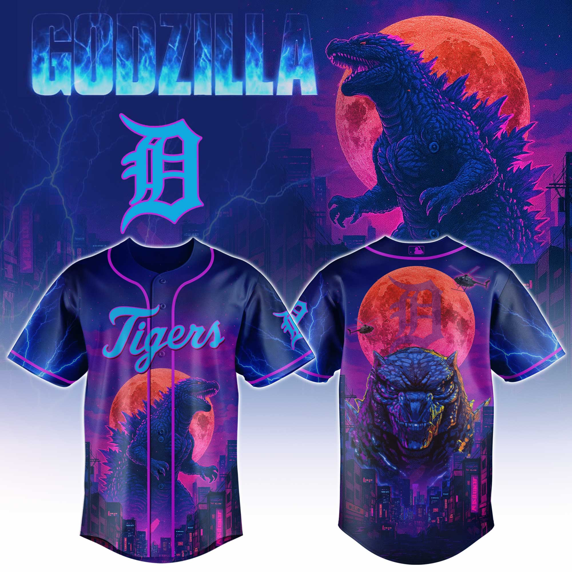 Detroit Tigers Mlb X Godzilla Baseball Jersey For Fans-1