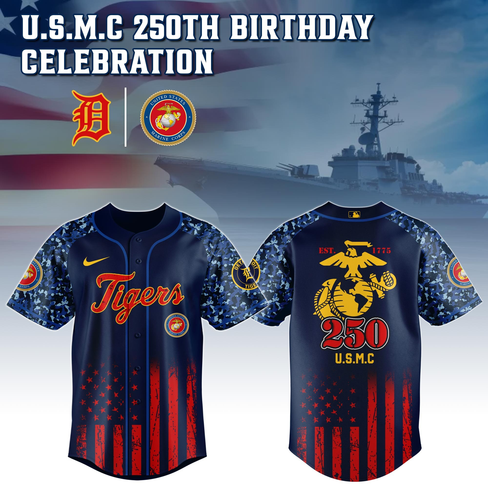 Detroit Tigers U.S Marine Corps 20Th Anniversary Jersey USMC Military Night Veteran Gifts-1 Detroit Tigers U.S Marine Corps 20Th Anniversary Jersey USMC Military Night Veteran Gifts-1
