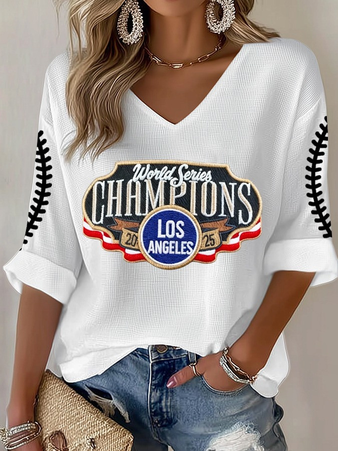 Dodgers Back To Back Champions Long Sleeve V-Neck Shirt World Series 20 25 LA Gift For Fans-1