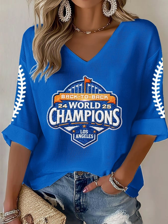 Dodgers Back To Back World Series Champions 2025 Long Sleeve V-Neck Shirt Women's Fan Merch-1