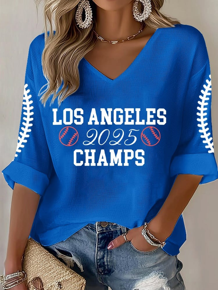 Dodgers World Series Champions 2025 Long Sleeve V-Neck Shirt Women's Championship Apparel-1