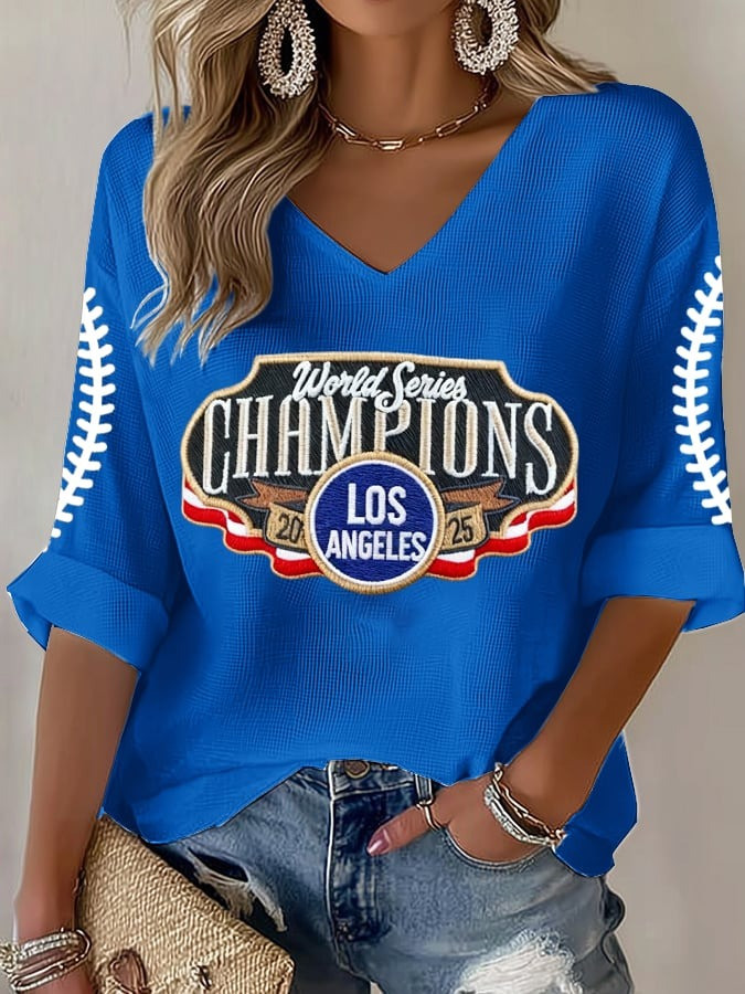 Dodgers World Series Champions 2025 V-Neck Long Sleeve Shirt Women's Best Gifts For Fans-1