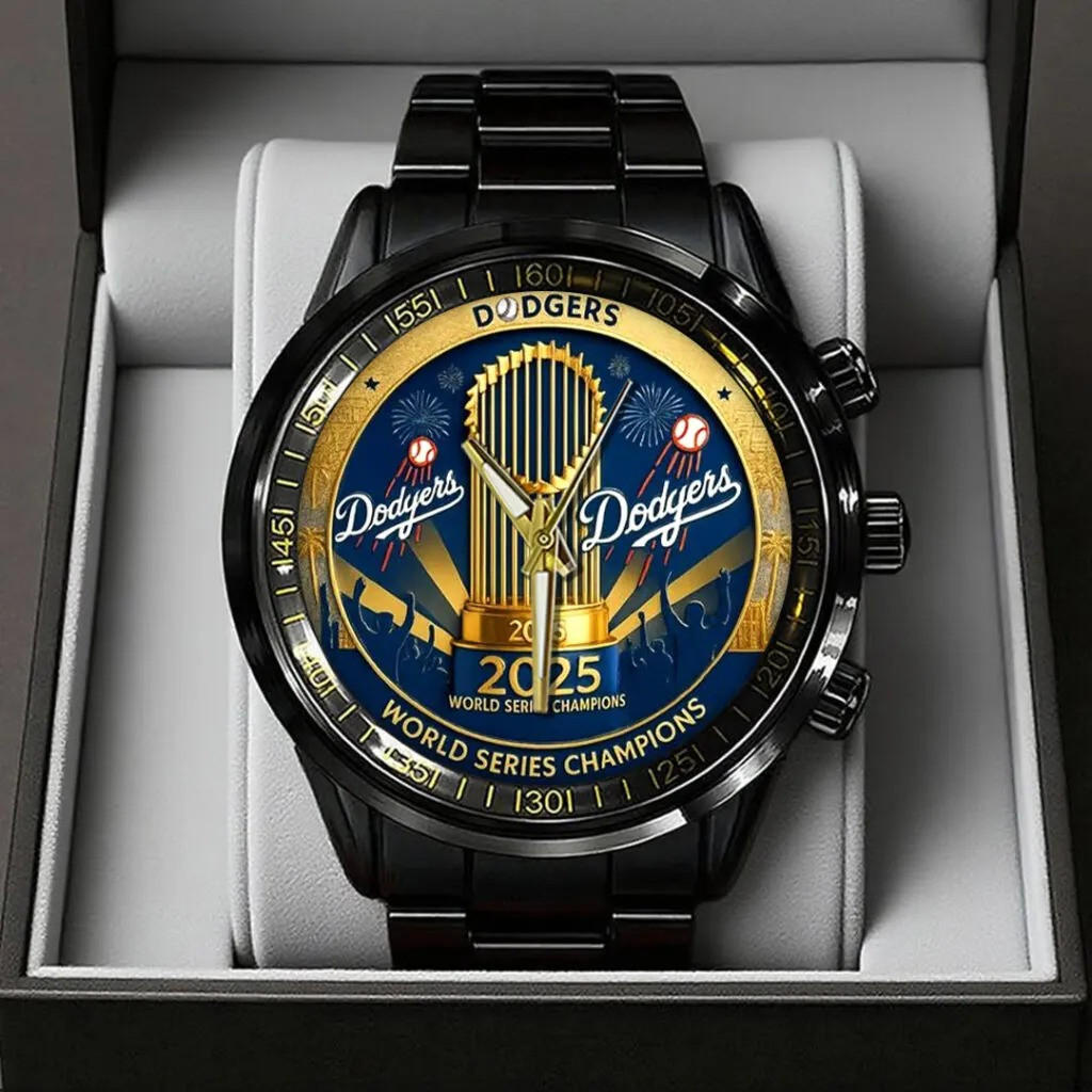Dodgers World Series Merch 2025 Los Angeles Dodgers Back To Back Champions Black Steel Watch-1