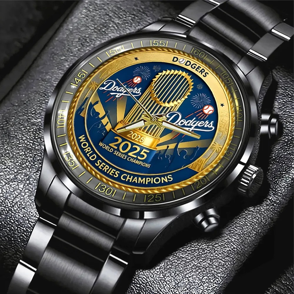 Dodgers World Series Merch 2025 Los Angeles Dodgers World Series Champions Black Steel Watch-1