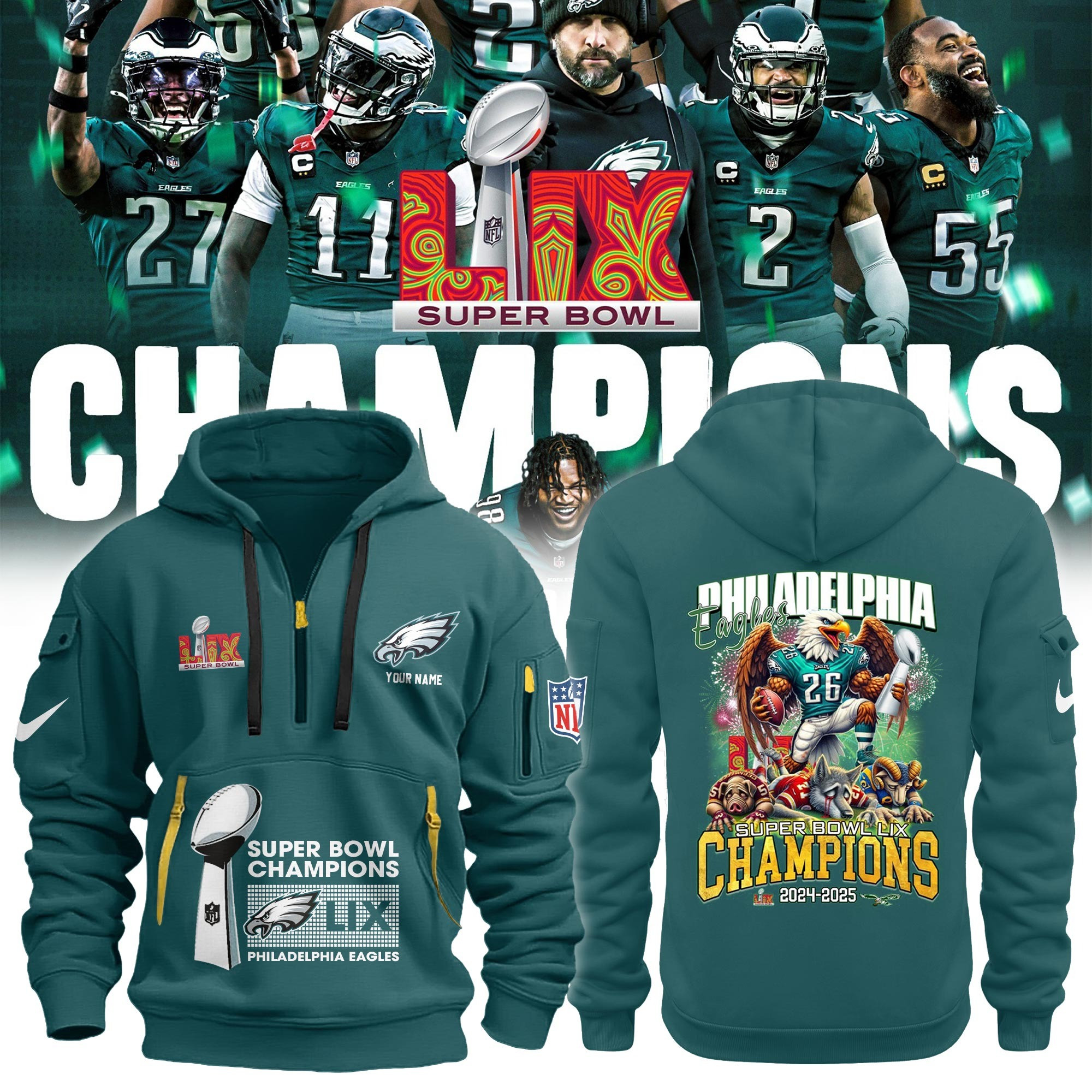 Eagles National Super Bowl LIX Champions Quarter Zip Hoodie NFL Philadelphia Eagles Clothing-1