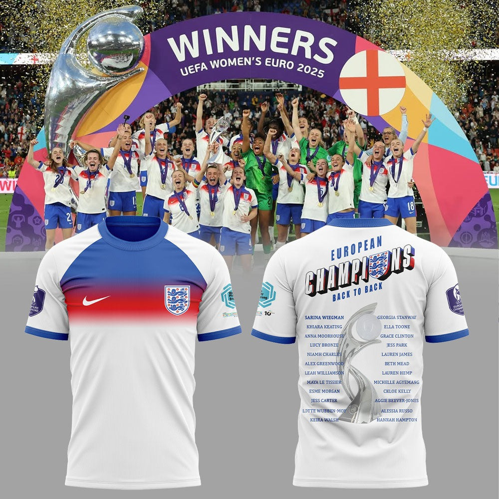 England Football Winners UEFA Women's Euro 2025 Champions T-Shirt Back To Back Fan Merch-1