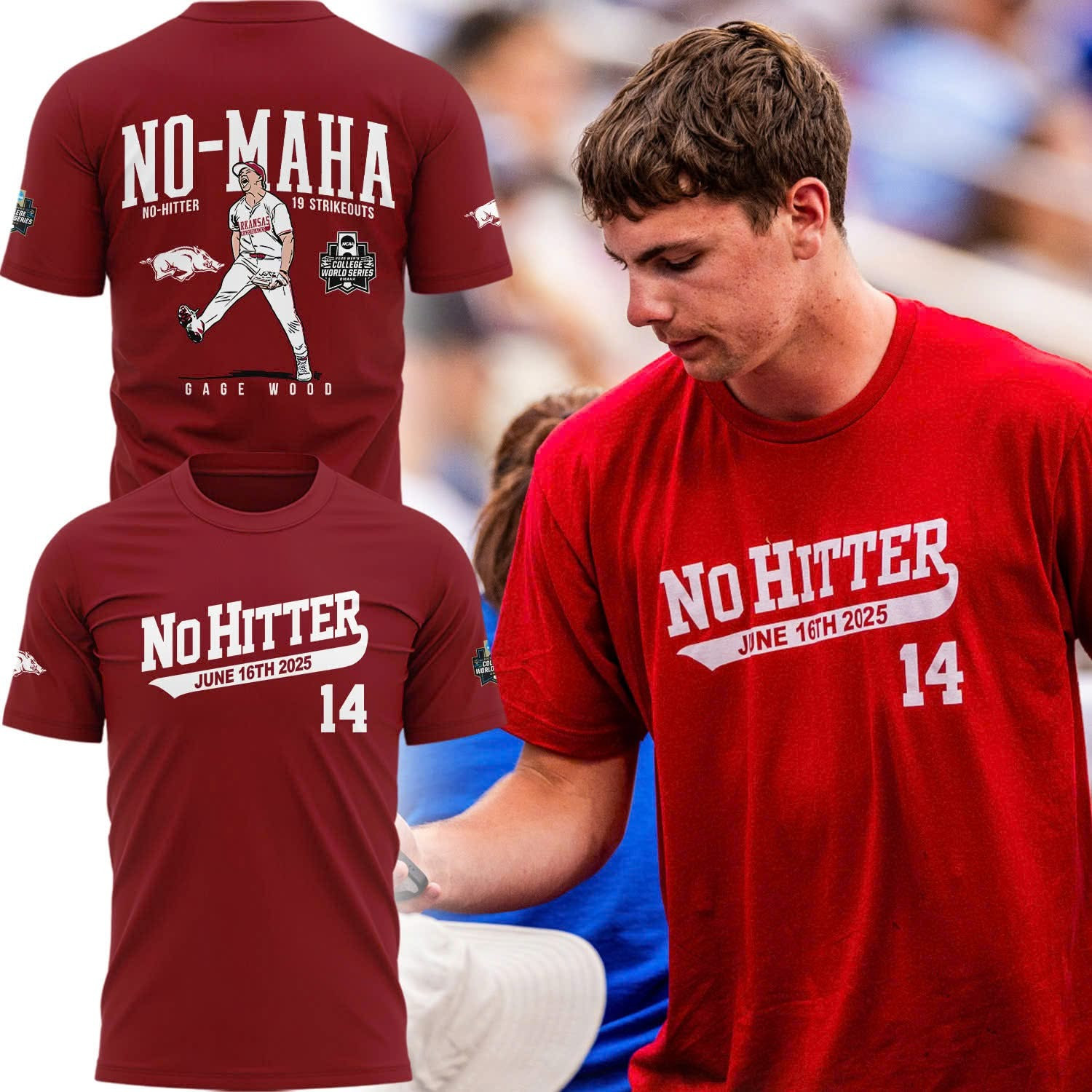 Gage Wood College World Series No-Hitter T-Shirt Red Arkansas Razorbacks Baseball Merch-1