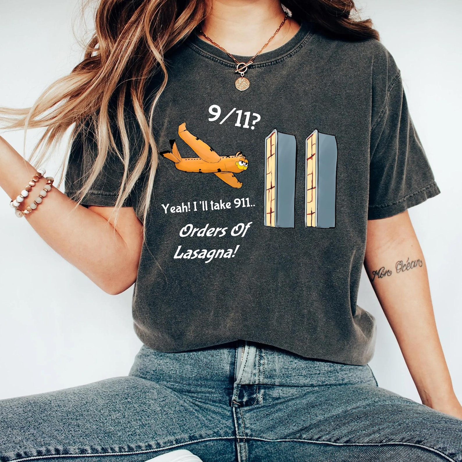 Garfield 9'11 Shirt Funny September 11Th Yeah I'll Take 911 Orders Of Lasagna T-Shirt-1