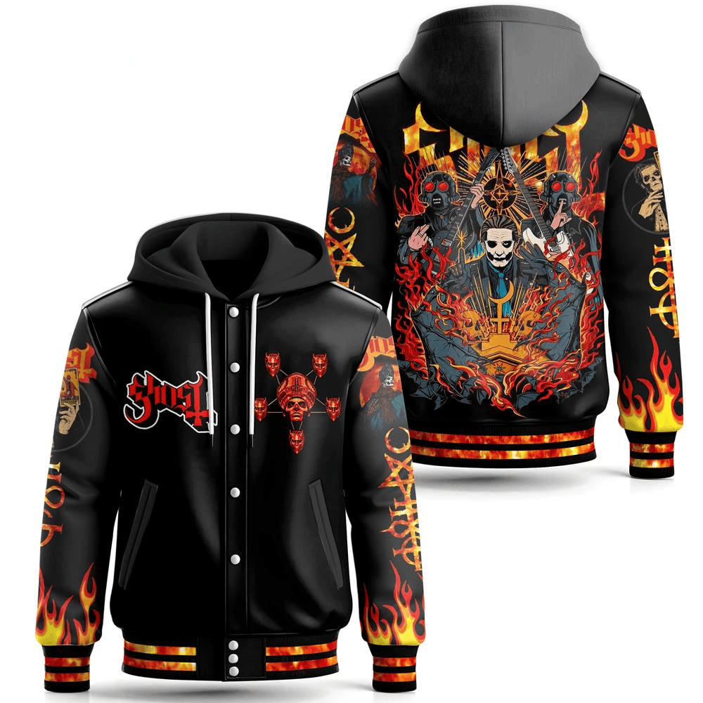 Ghost Band On Fire Limited Edition Hooded Baseball Jacket Ghost Merch Top Father's Day Gifts-1 Ghost Band On Fire Limited Edition Hooded Baseball Jacket Ghost Merch Top Father's Day Gifts-1