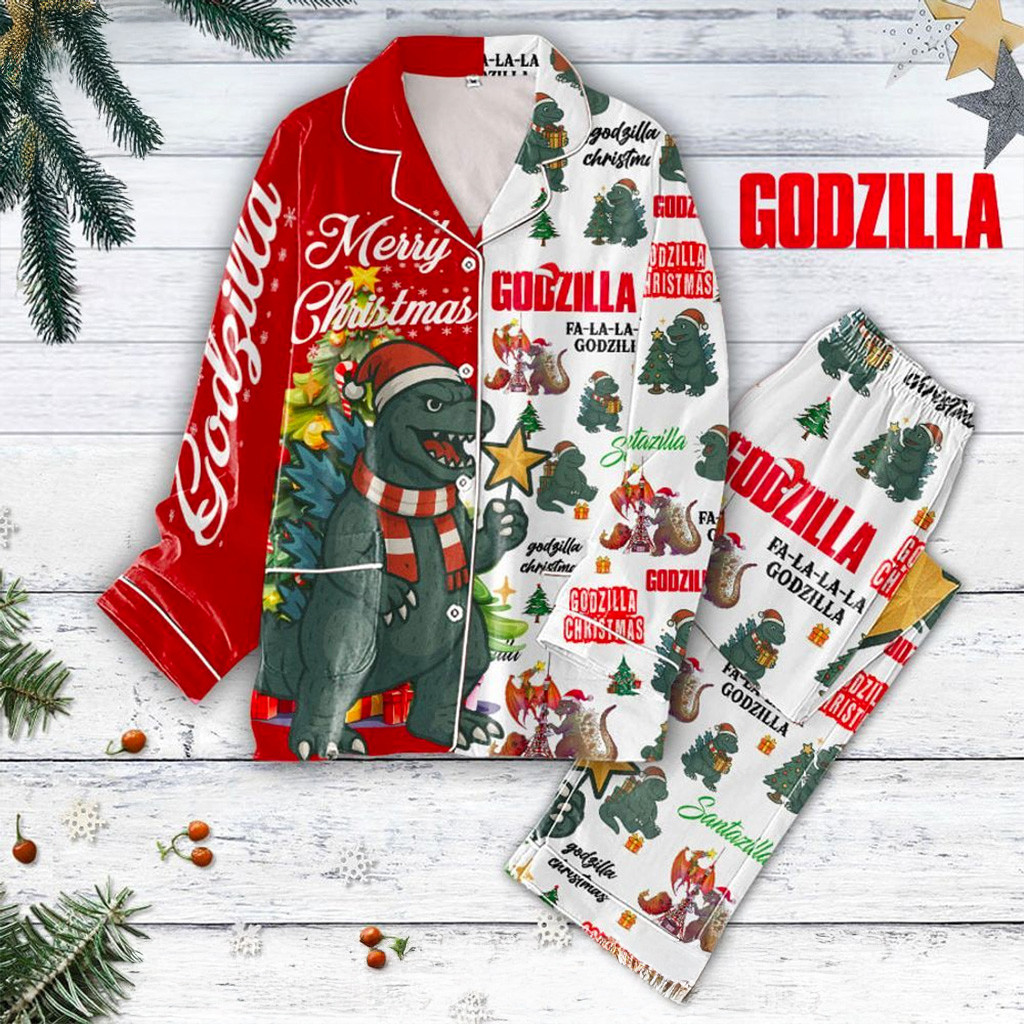 Godzilla Merry Christmas Button Pajamas Set Godzilla Merch Christmas Gifts For Wife-1