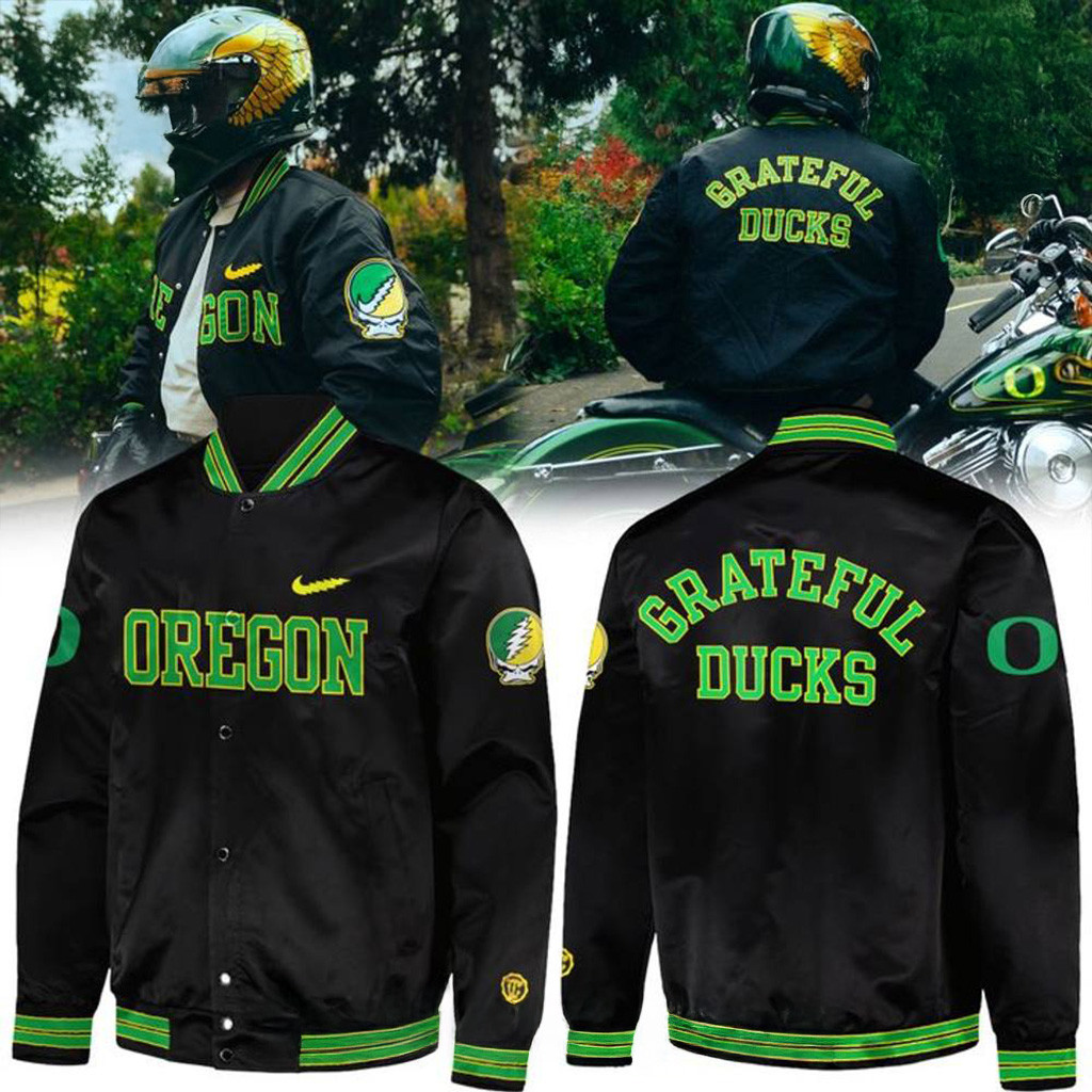 Grateful Dead x Oregon Duck Football Black Bomber Jacket Fan Merch Gifts For Dad-1