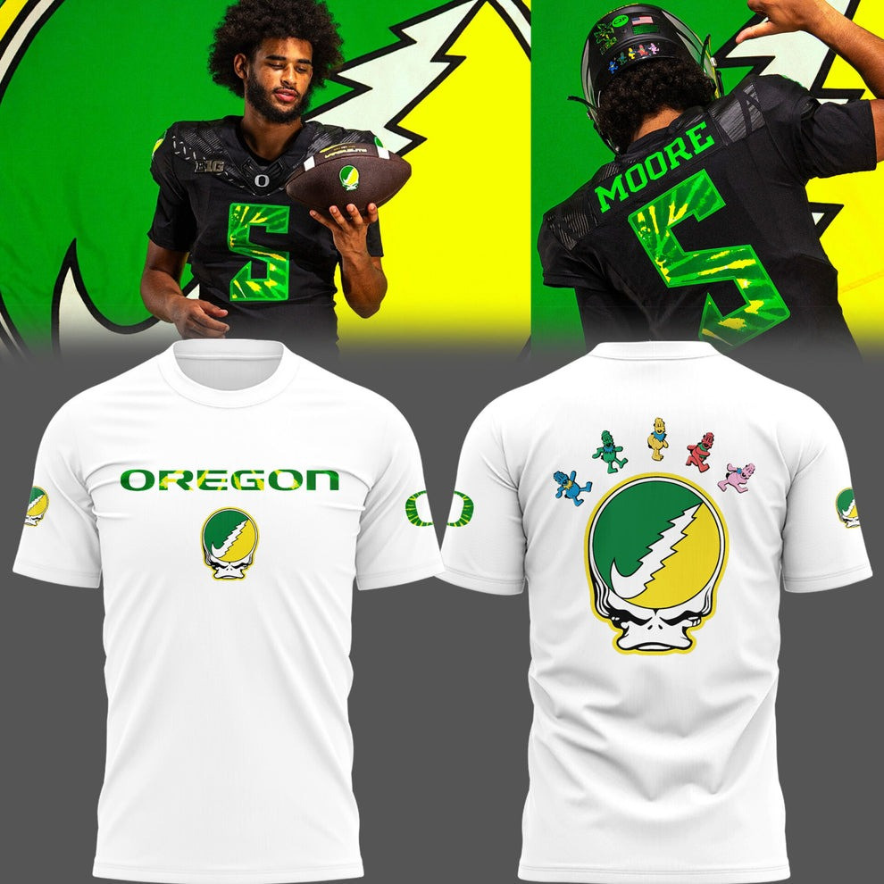Grateful Dead x Oregon Ducks White T-Shirt Oregon Ducks Merch Presents For Football Fans-1