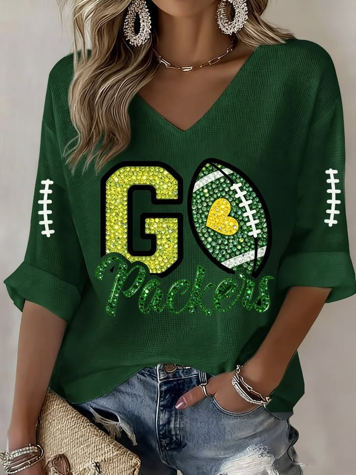 Green Bay Packer Long Sleeve V-Neck Shirt Women's Fan Good Shirt Gifts Ideas-1