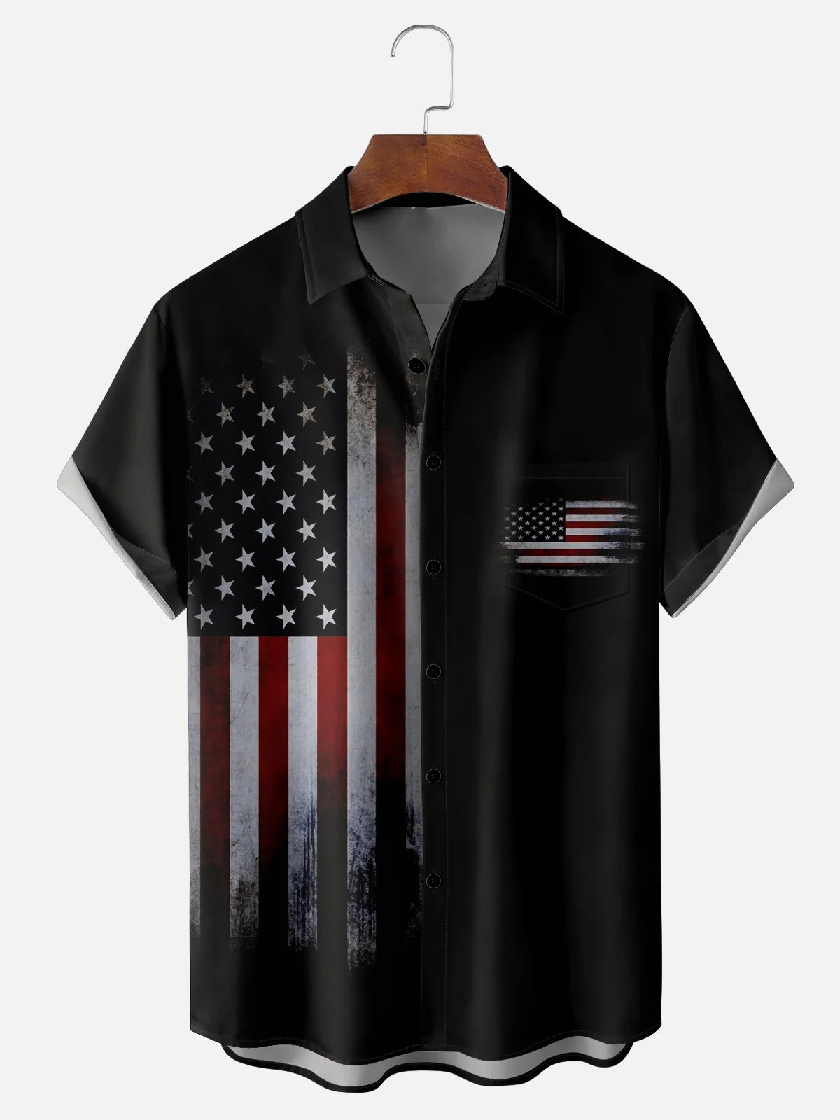 Hardaddy American Flag Chest Pocket Short Sleeve Casual Shirt-1